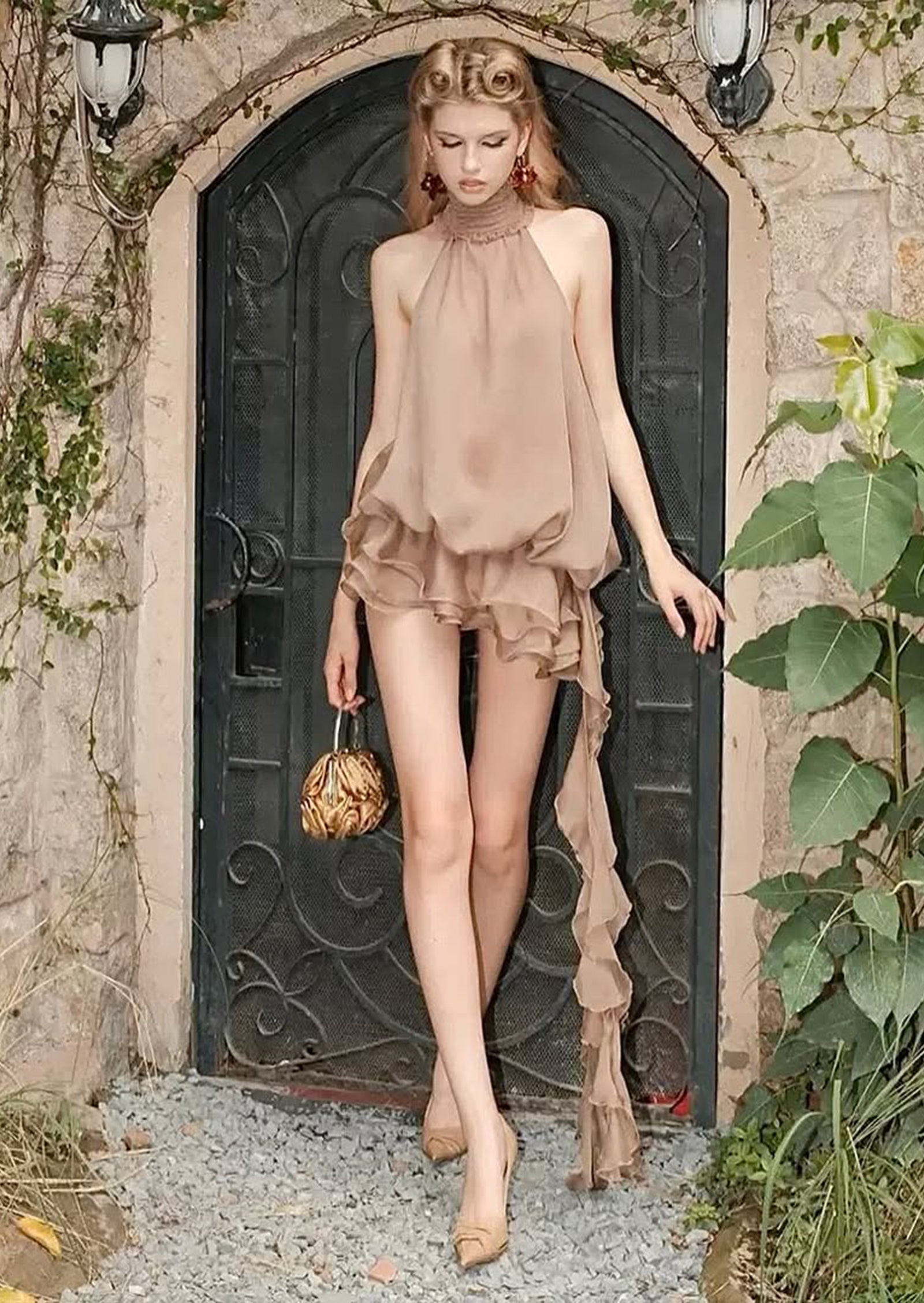 Ruffle Halter Irregular Backless Mini Dress