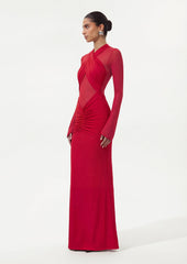 Slinky And Mesh Long Sleeve Maxi Dress In Red