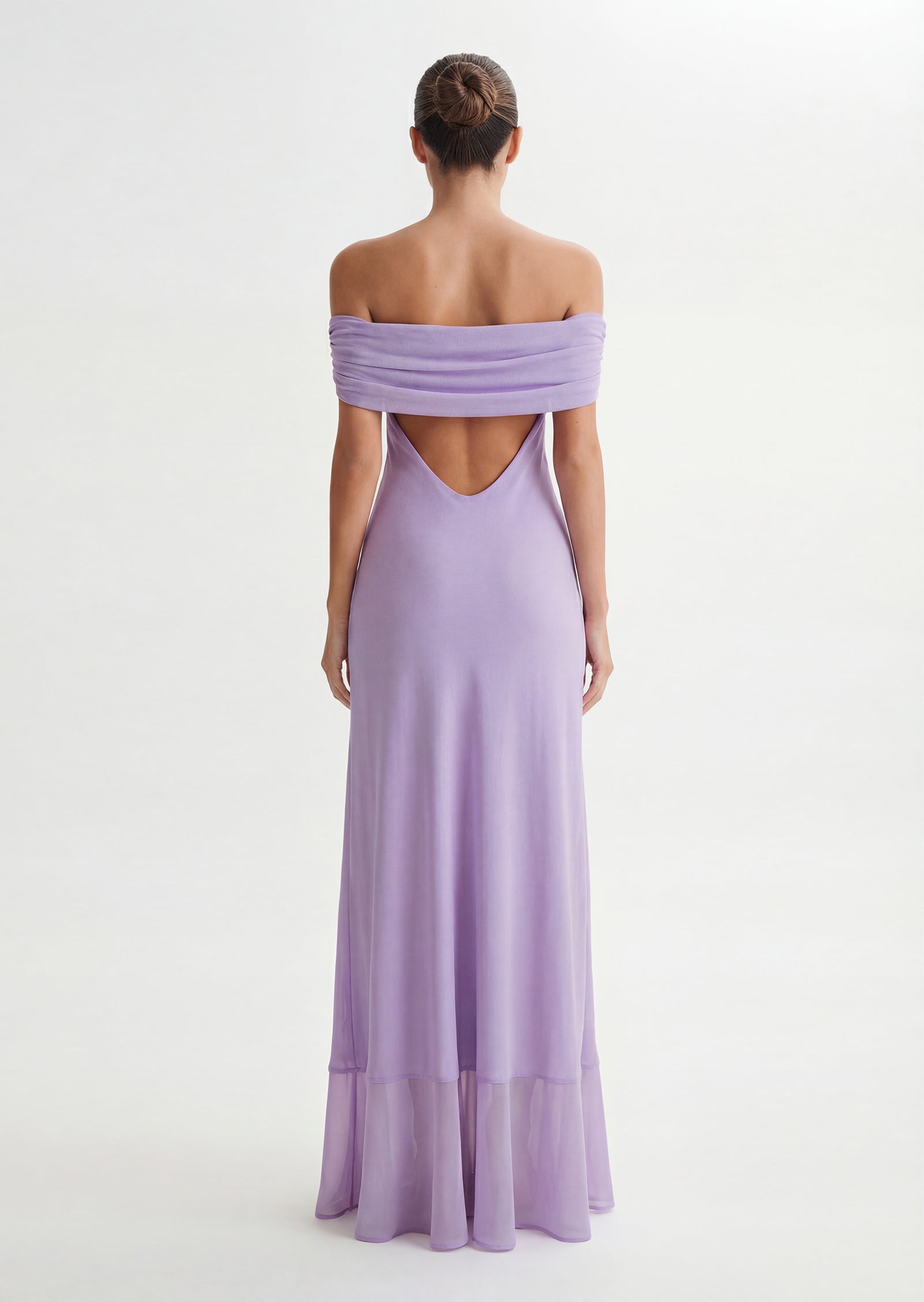 Off Shoulder Mesh Maxi Dress In Purple