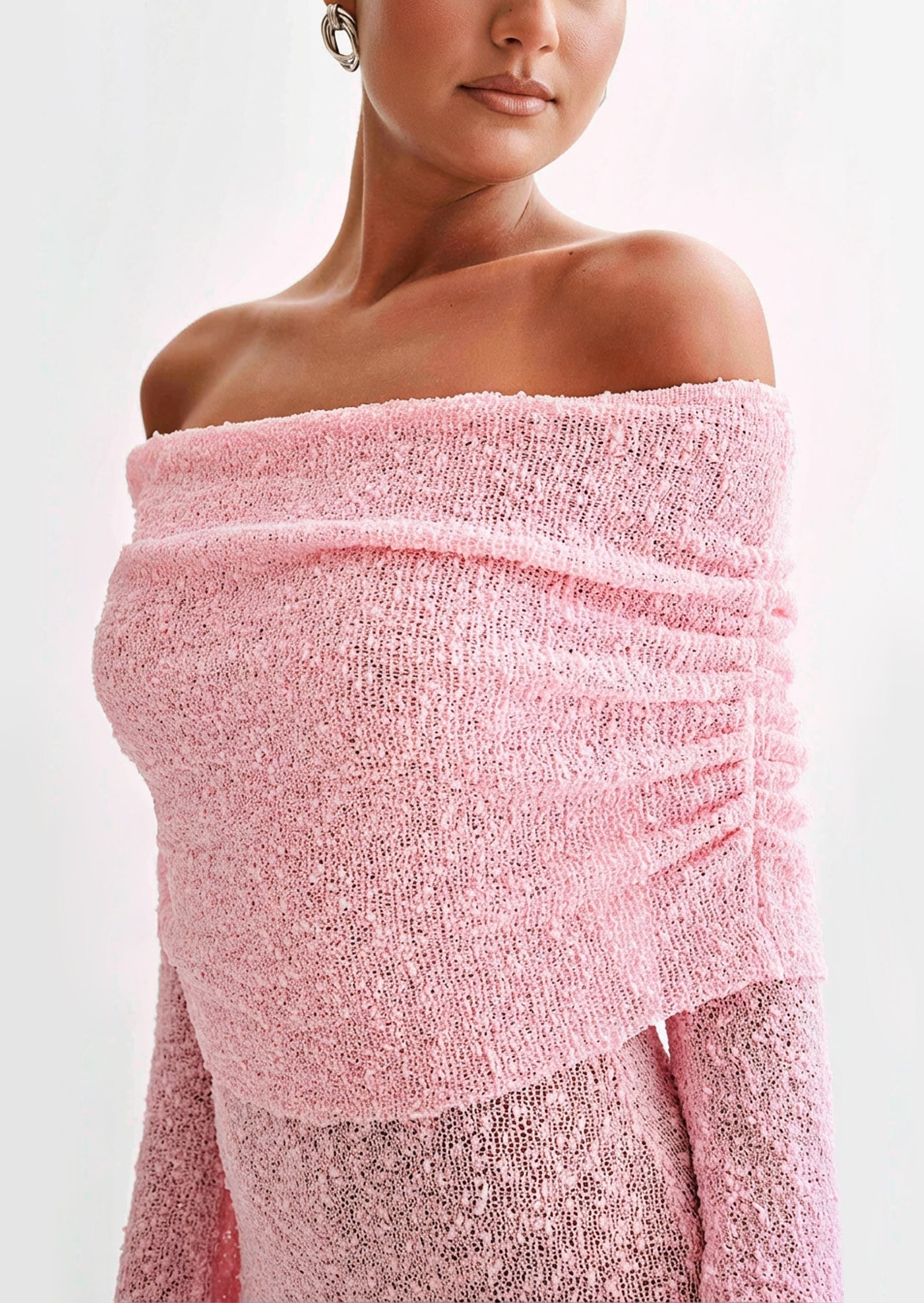 Off Shoulder Boucle Knit Mini Dress In Pink