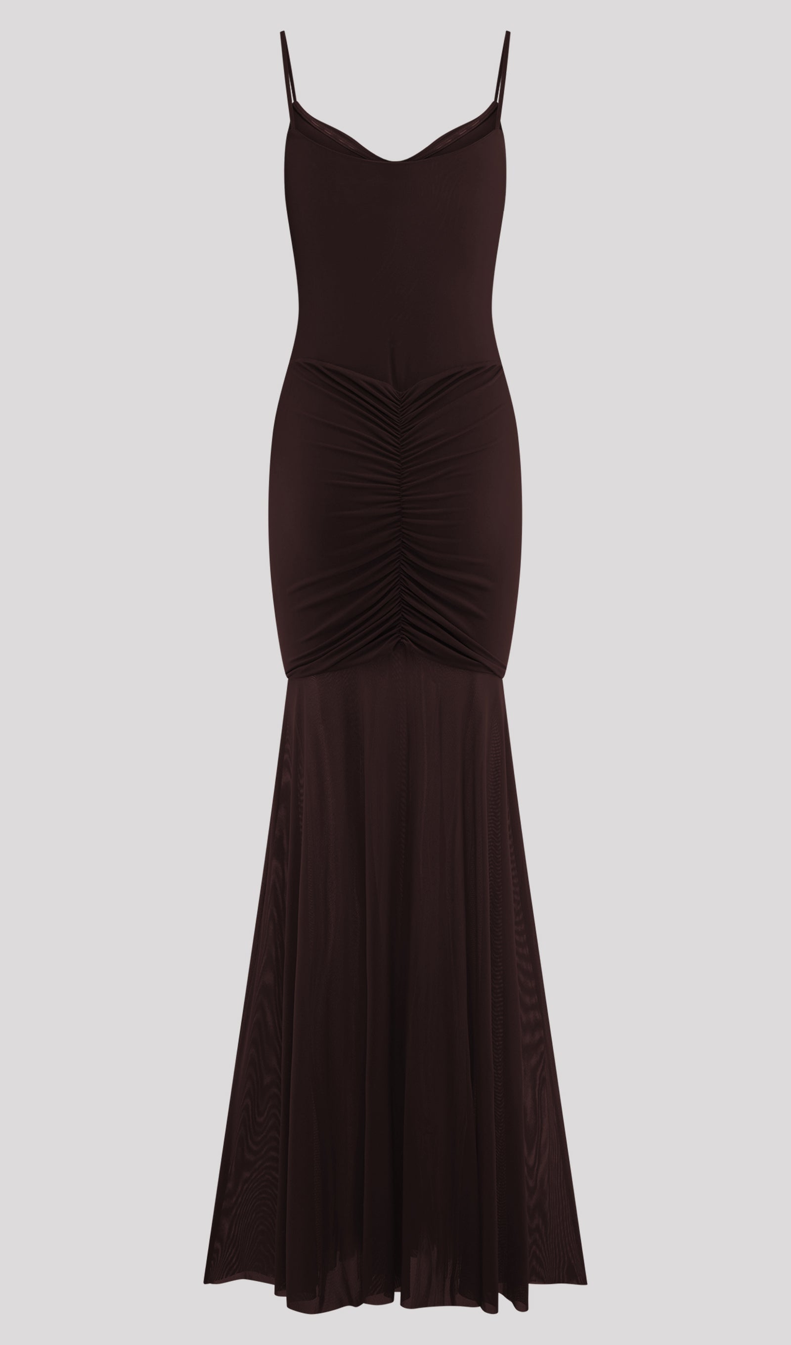 Slinky And Mesh Maxi Dress In Chocolate
