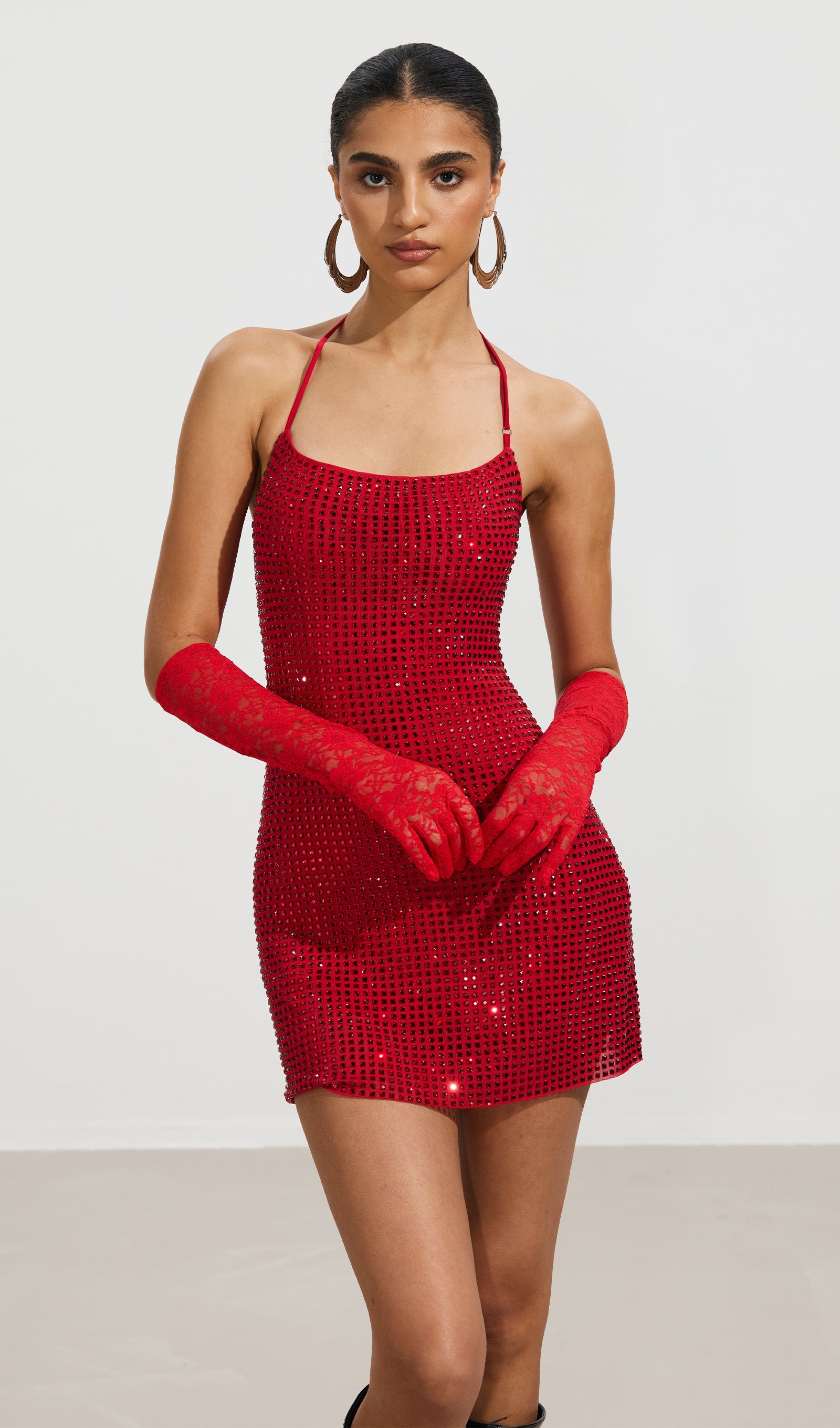 Halterneck Embellished Mini Dress In Red
