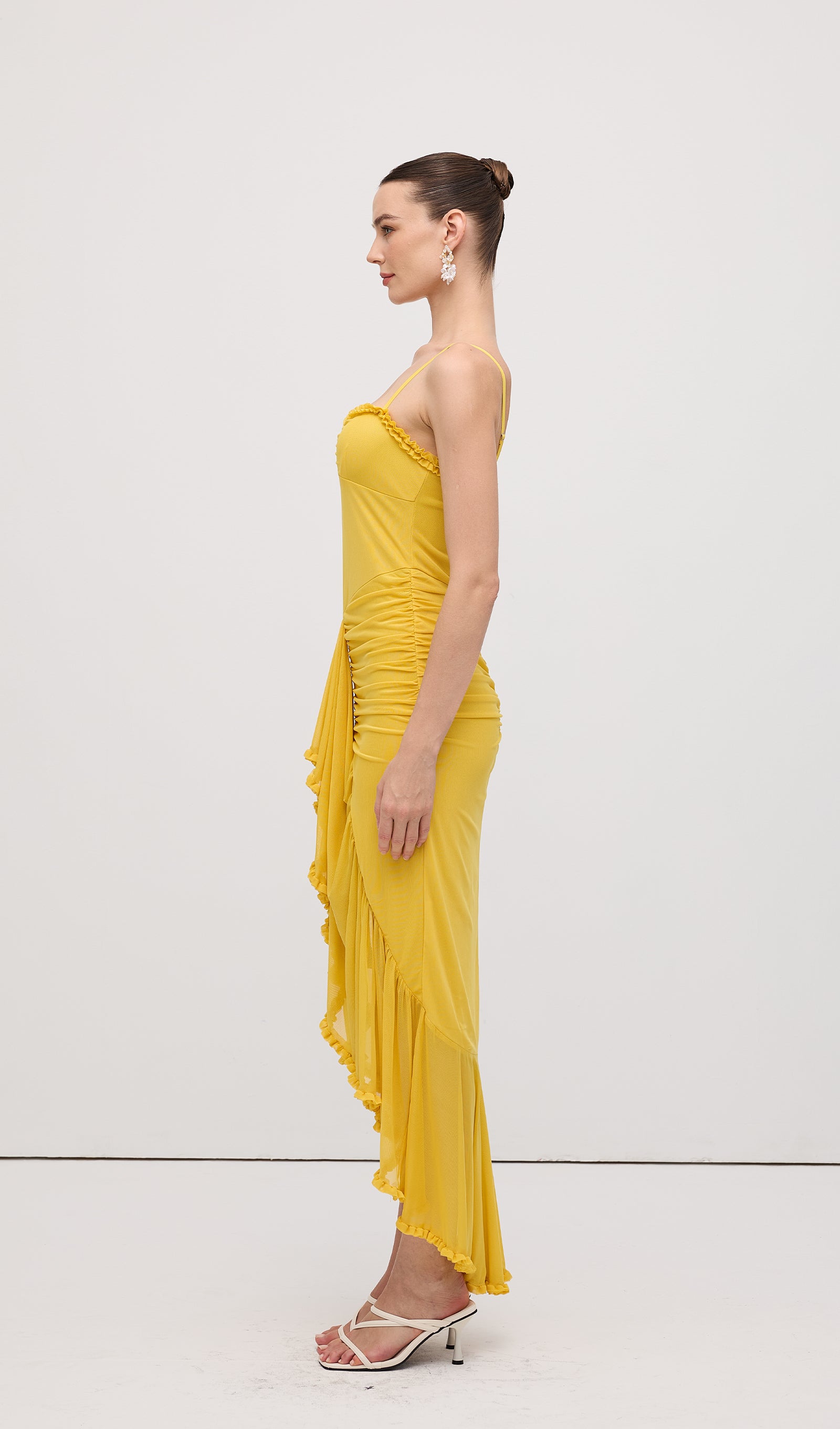 Mesh Ruffled Front Gown Maxi Dress Yellow
