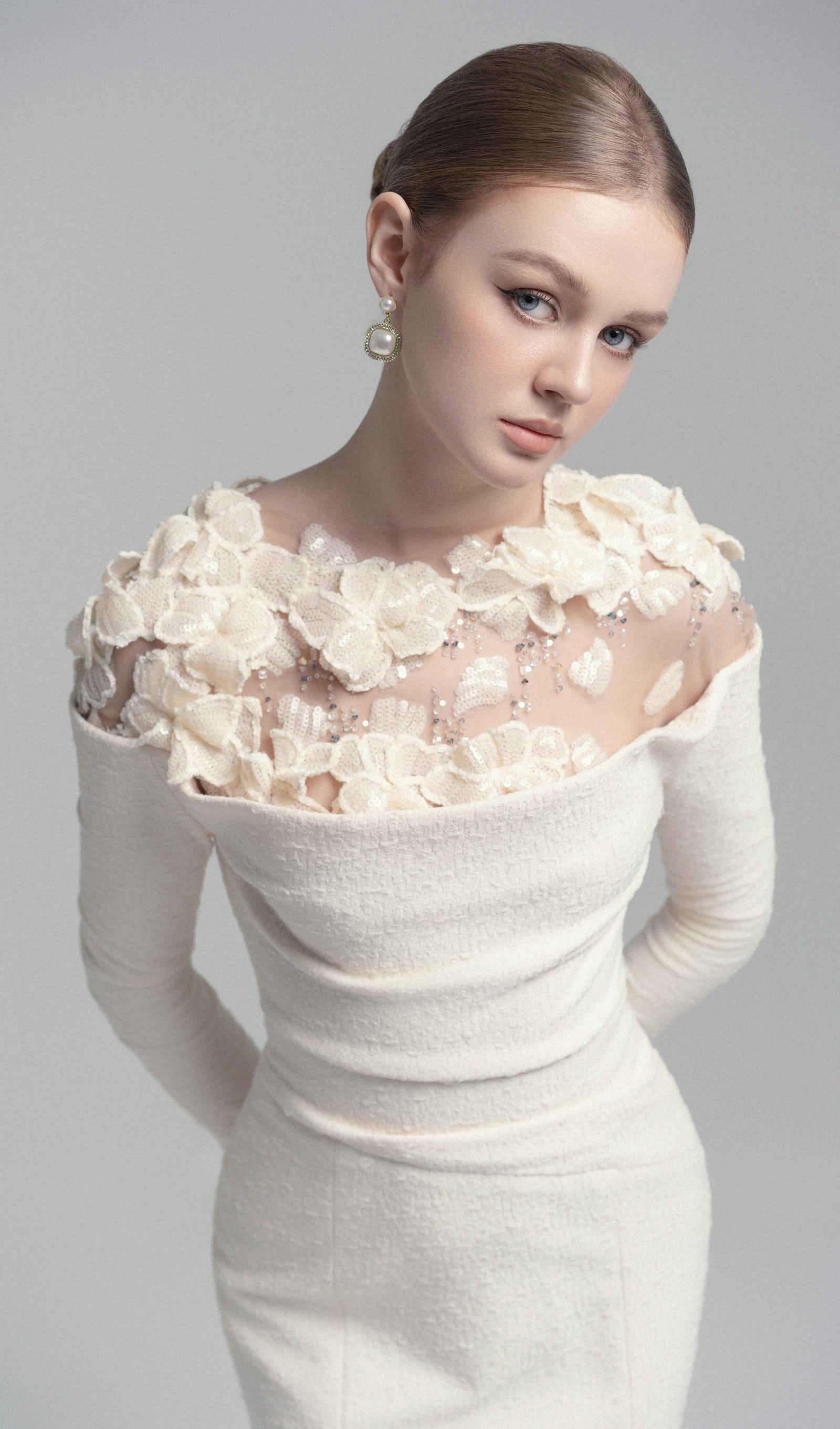 Draped Crystal Midi Dress In Cream