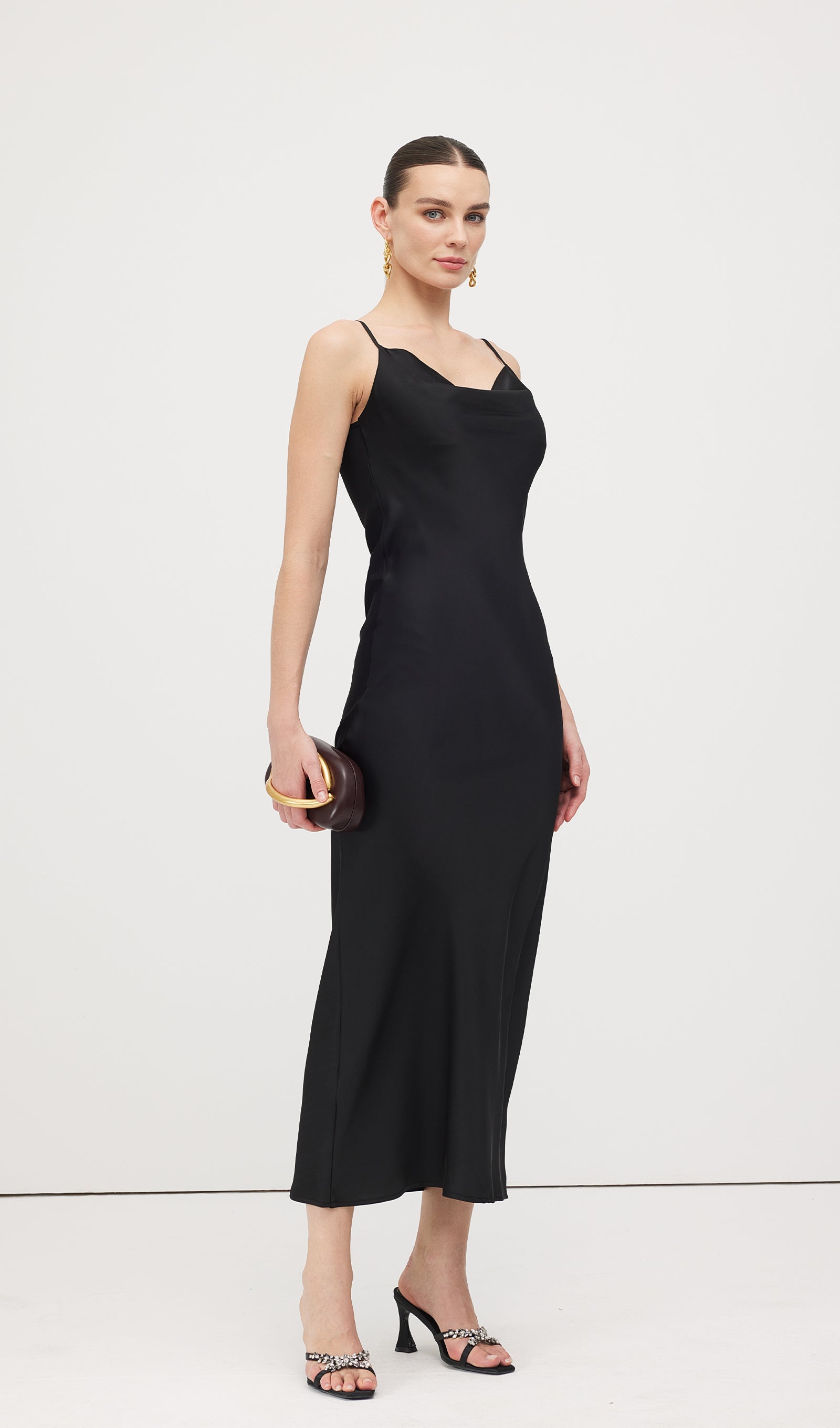 Swing Neck Satin Slip Midi Dress