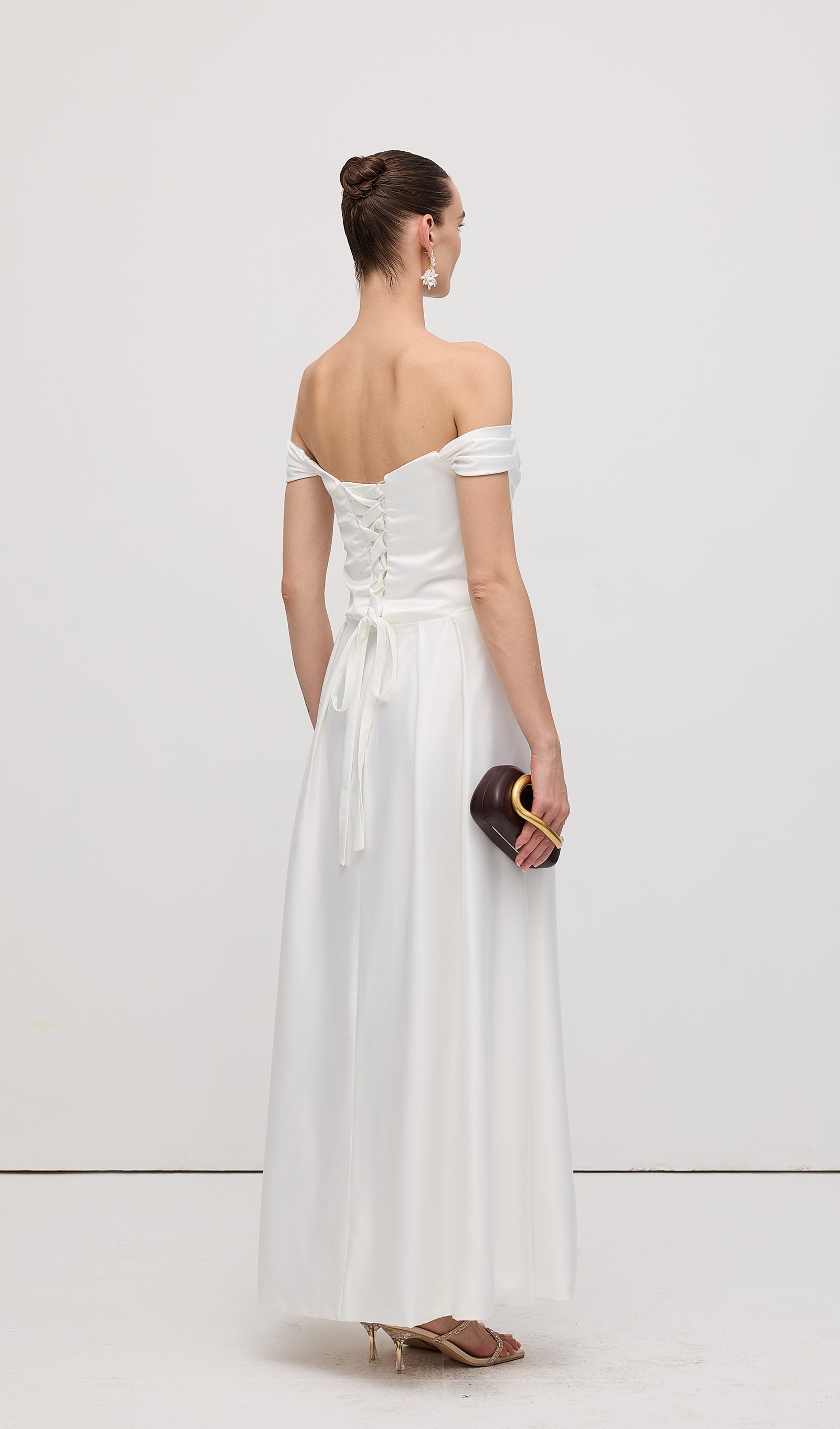 Off Shoulder Satin Maxi Dress