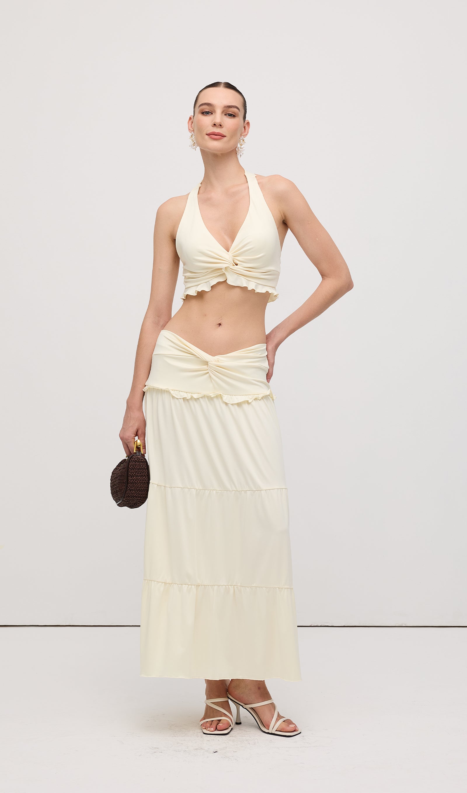 Halter Top & Twist Ruffled Maxi Skirt Sets White