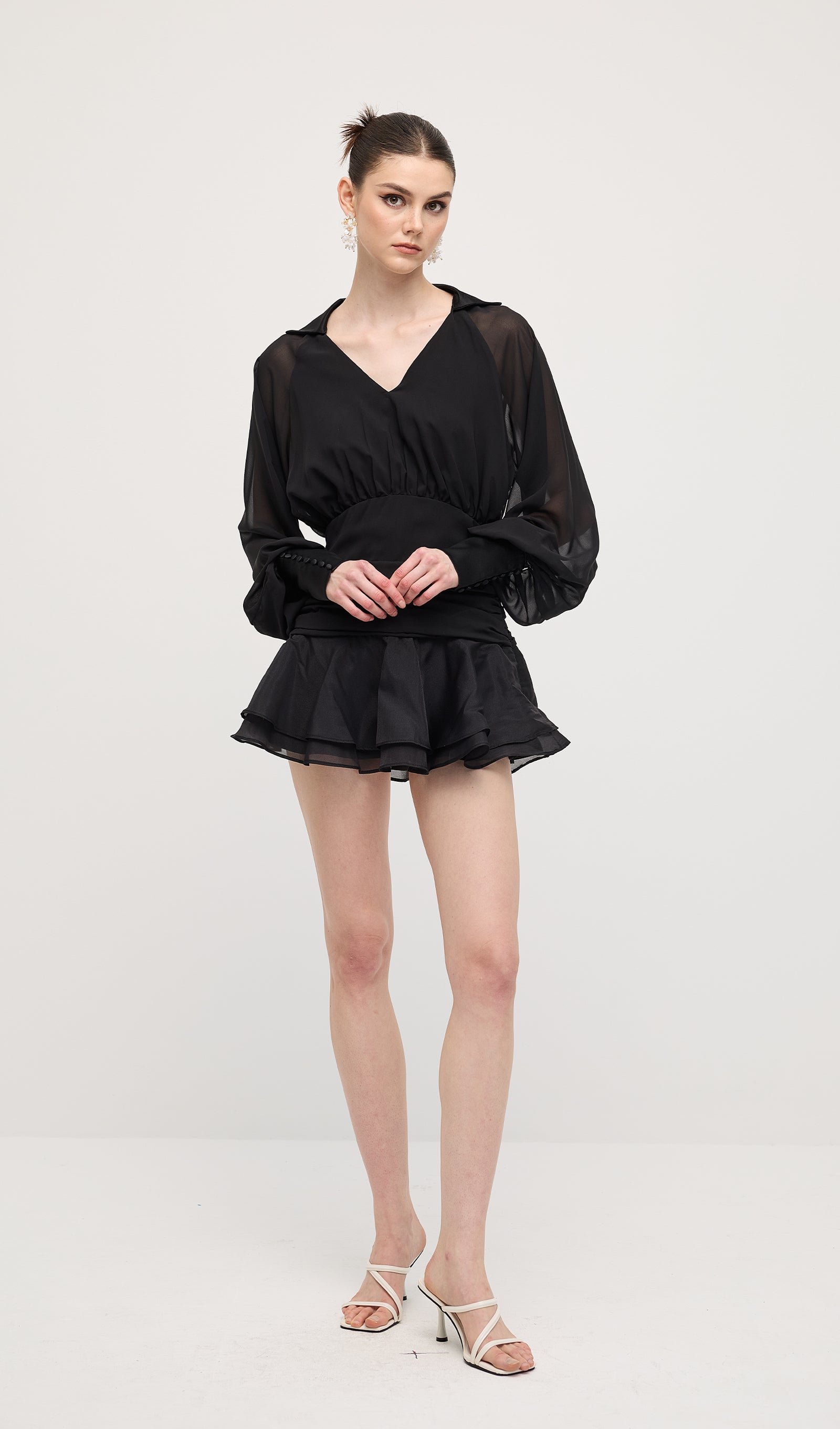 Solid Lantern Sleeve Mini Dress In Black