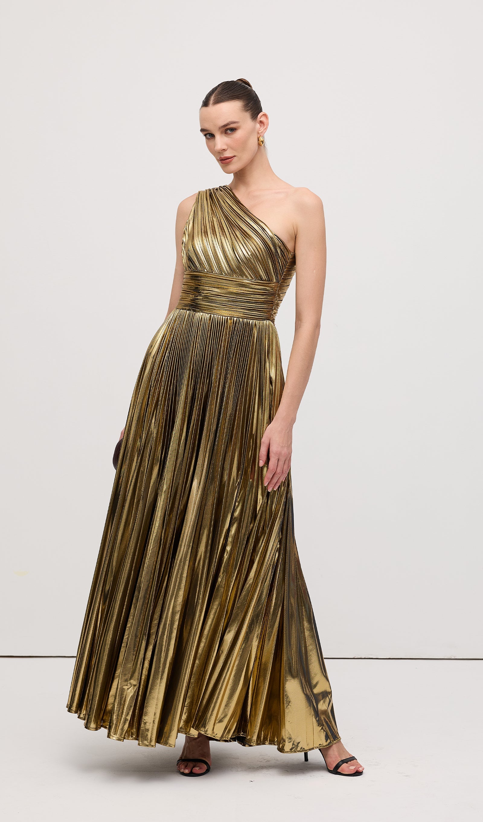 Pleated Metallic One Shoulder Maxi Dress