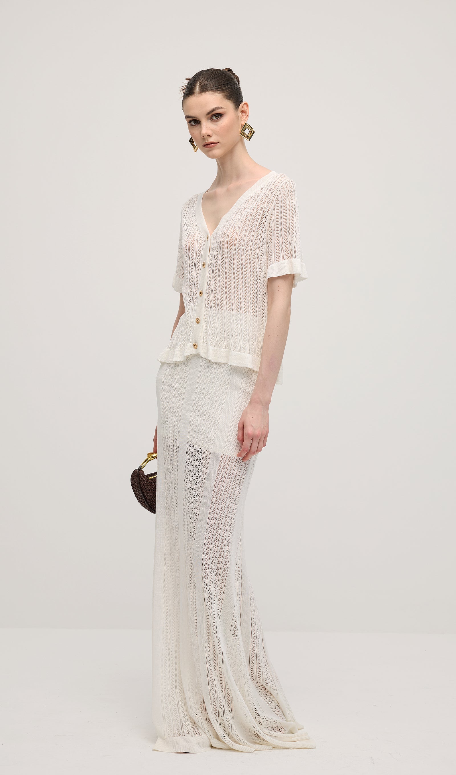 Openwork Jersey Maxi Skirt Sets In White