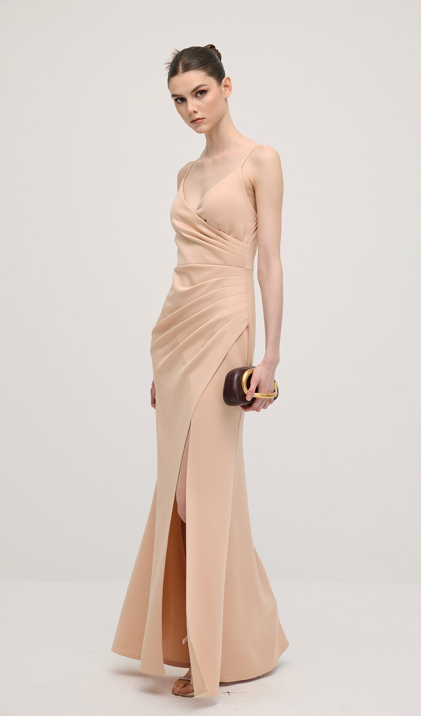 V Neck Sleeveless Slit Maxi Dress In Apricot