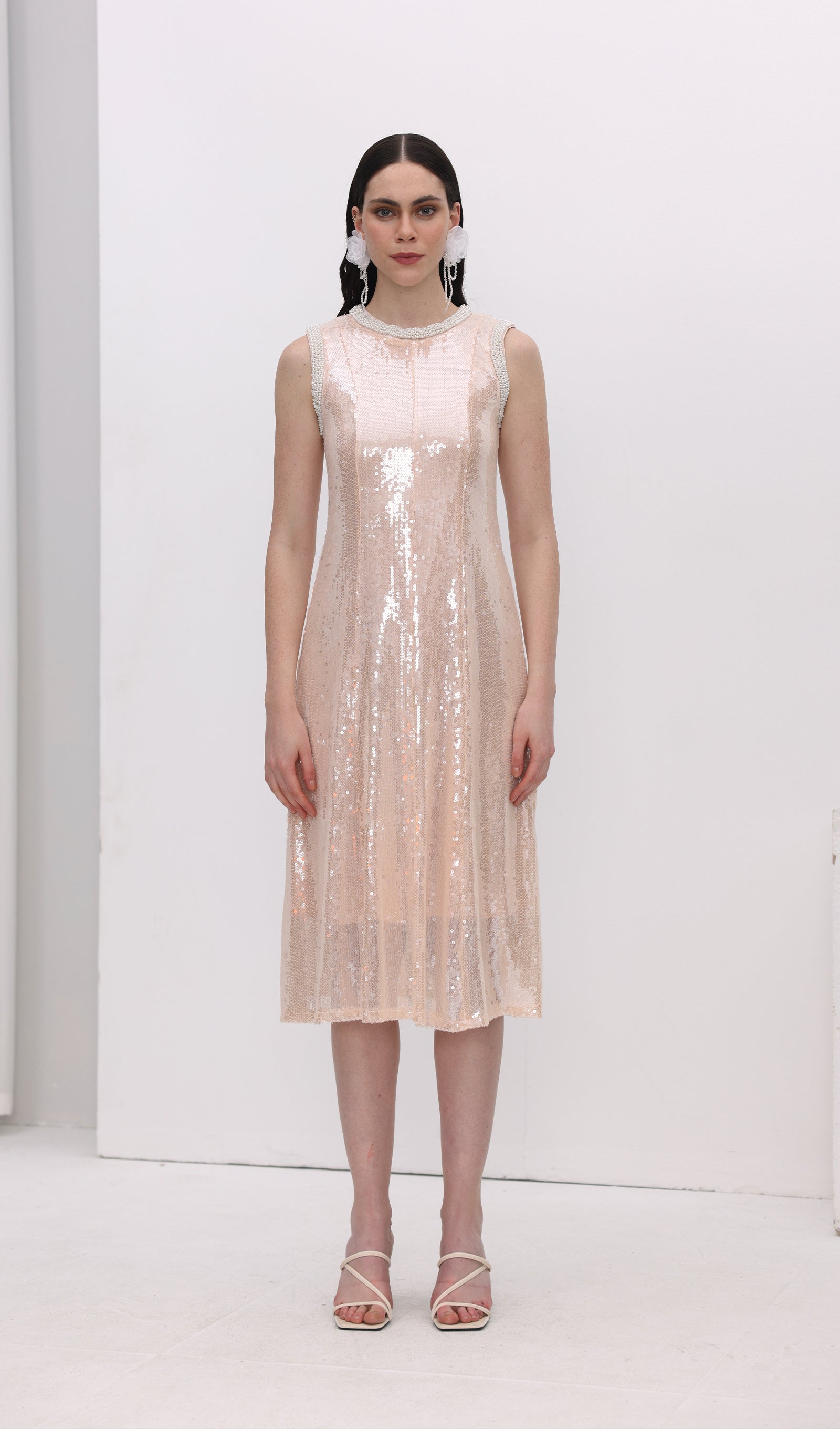 Sequin Embellished Pearl Trim Midi Dress