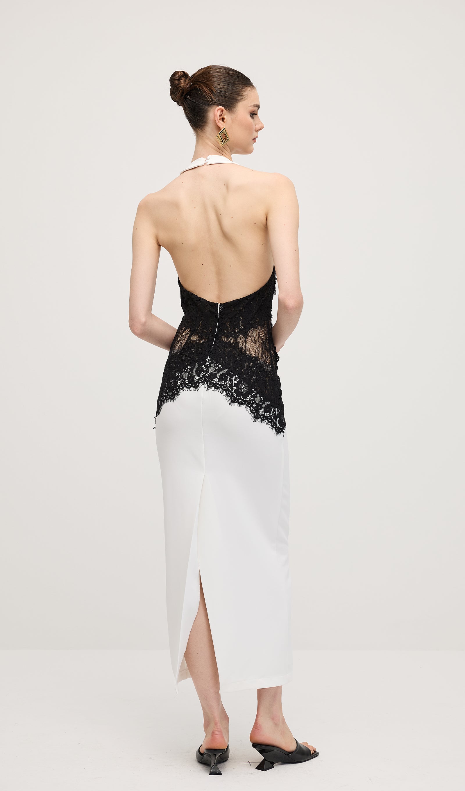 Open Back Maxi Dress In Crepe & Lace