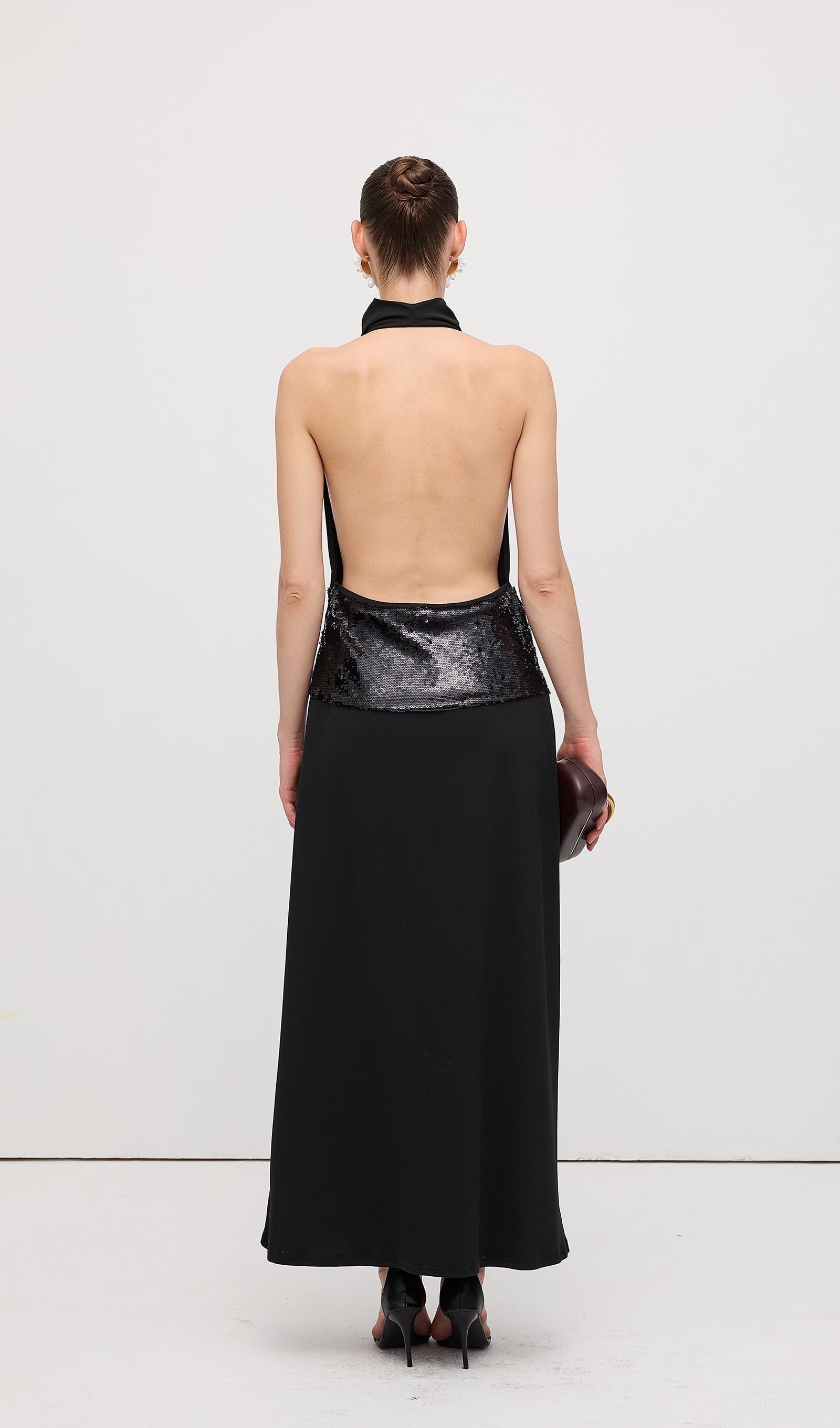 Draped Cowl Neck Open Back Maxi Dress