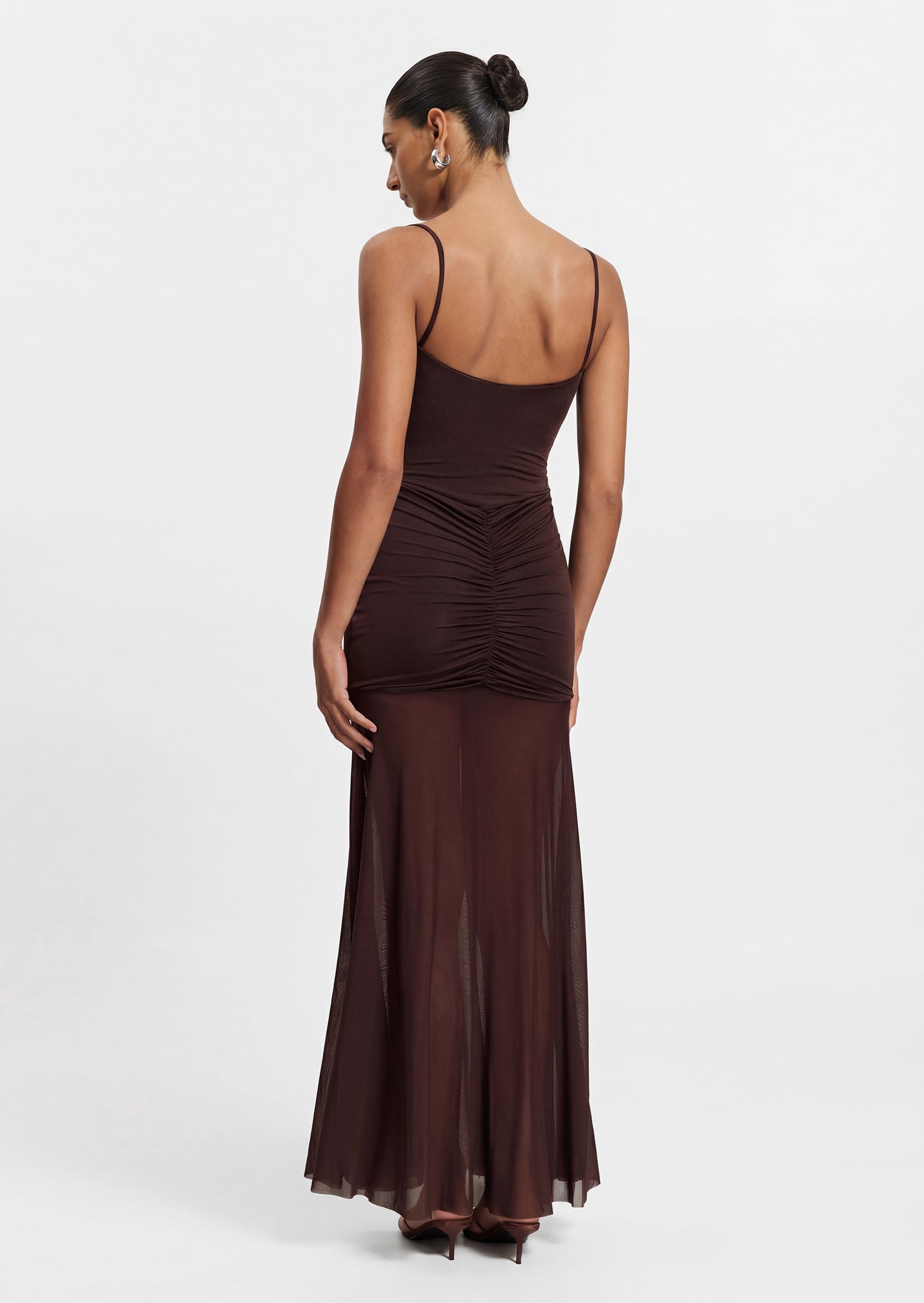 Slinky And Mesh Maxi Dress In Chocolate