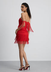 Off Shoulder Fringe Trim Mini Dress
