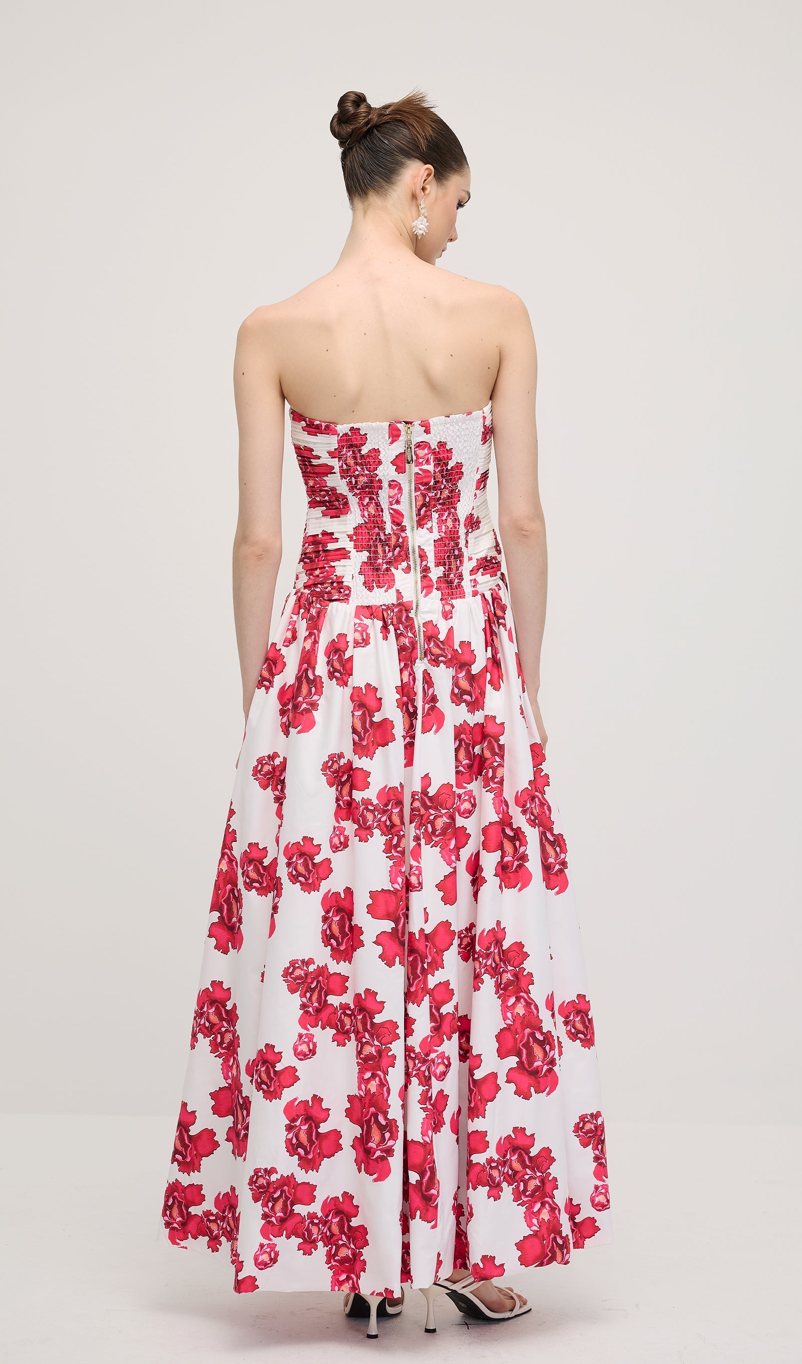 Sleeveless Ruched Draped Split Maxi Dress In Red Print