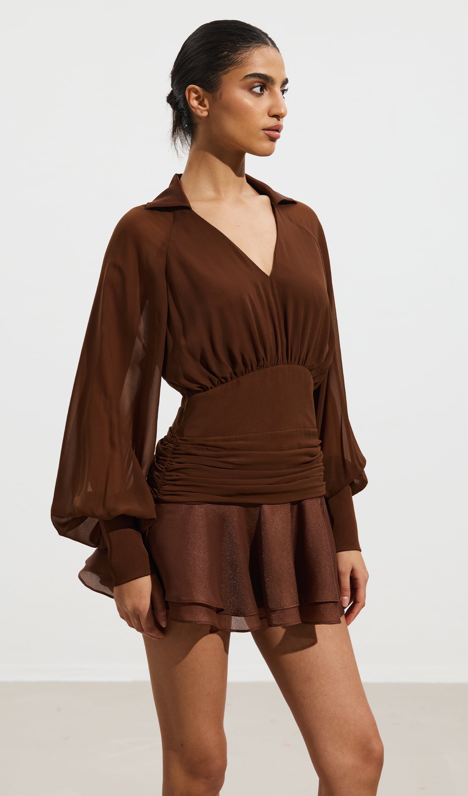 Solid Lantern Sleeve Mini Dress In Coffee