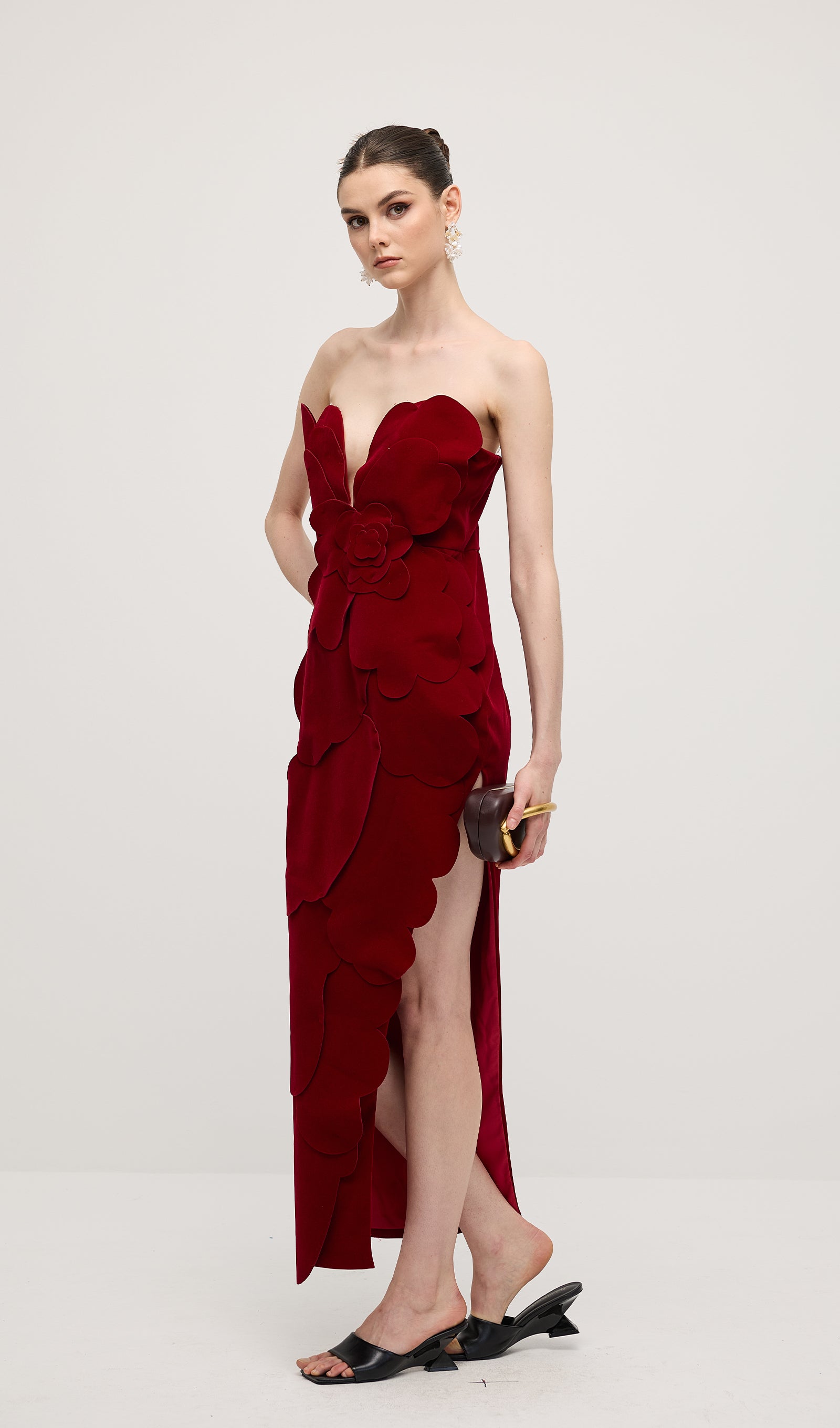Petal Strapless Velvet Maxi Dress In Red