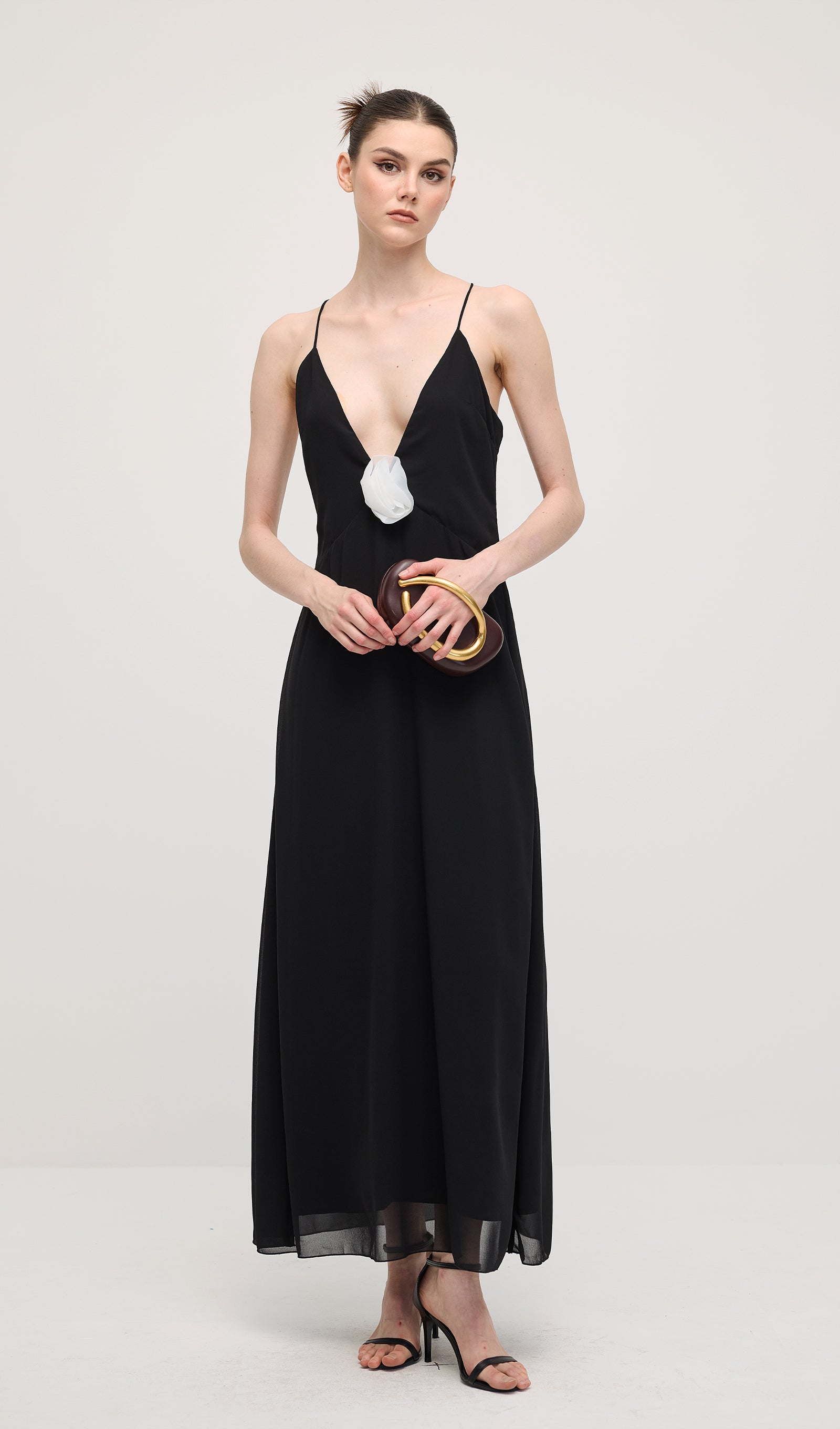 V Neck Halter Maxi Dress In Black