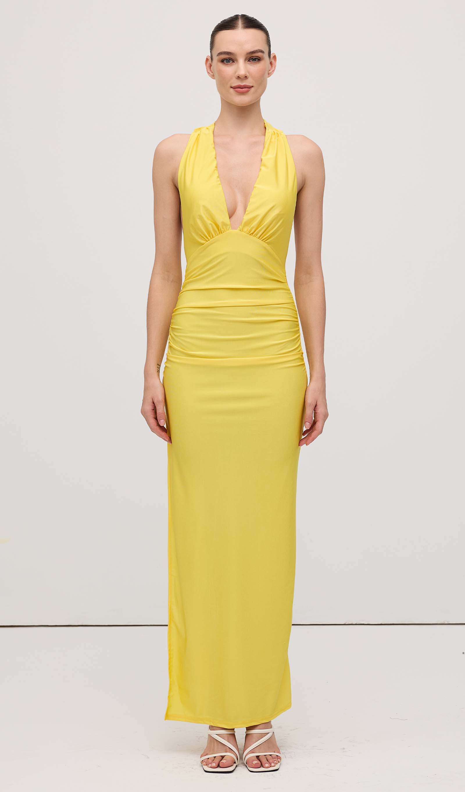 Halter V Neck Slit Midi Dress