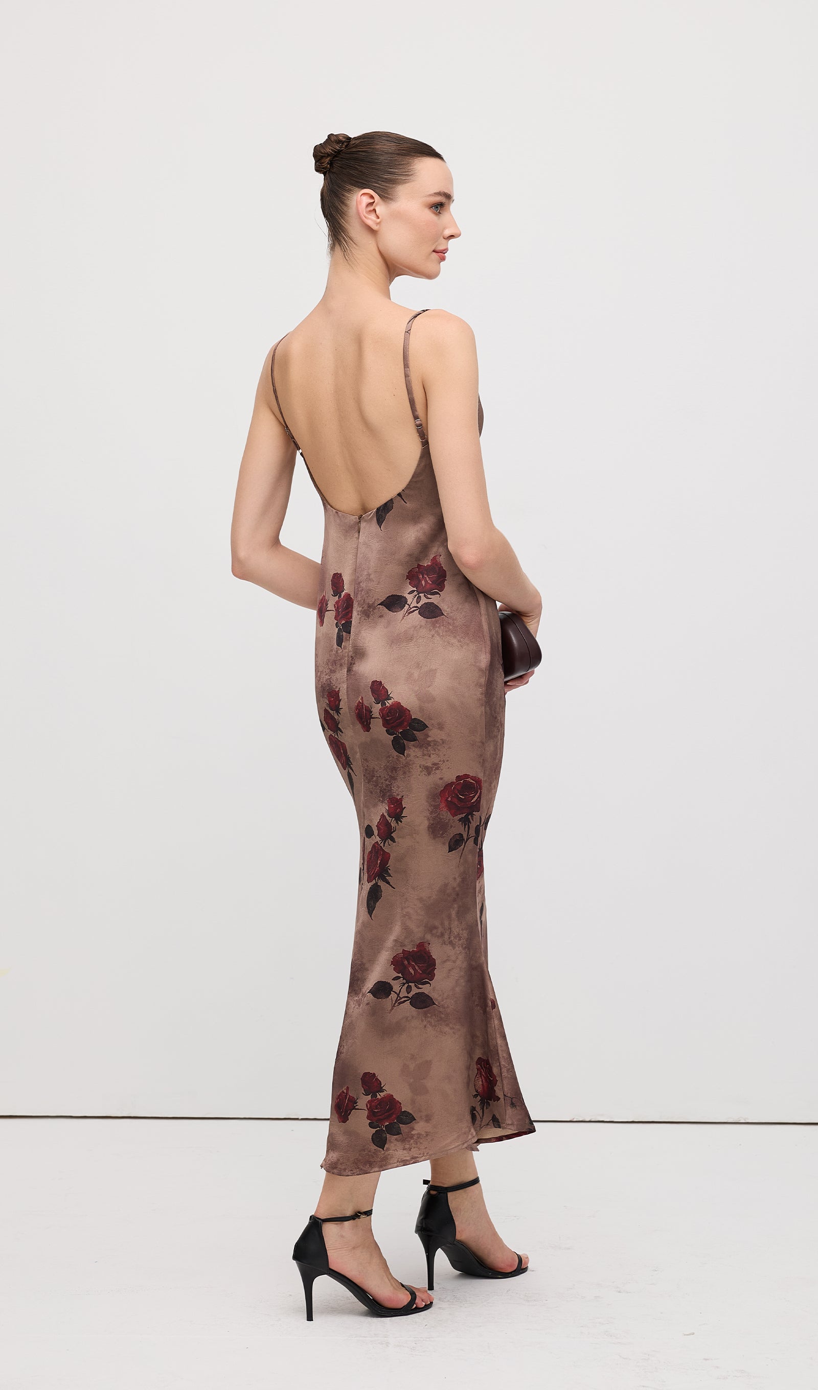 Cowl Neck Rose Print Sleeveless Midi Dress