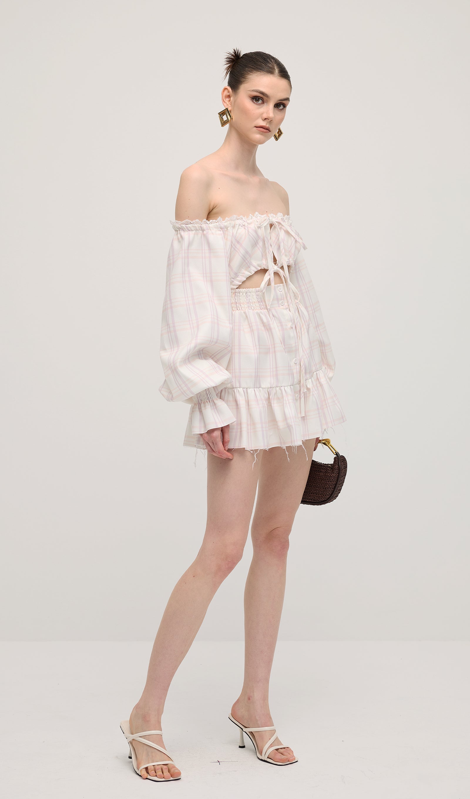 Lace Up Mini Dress Two Piece Set In Grid