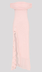 Off Shoulder Mesh Maxi Dress In Pale Pink