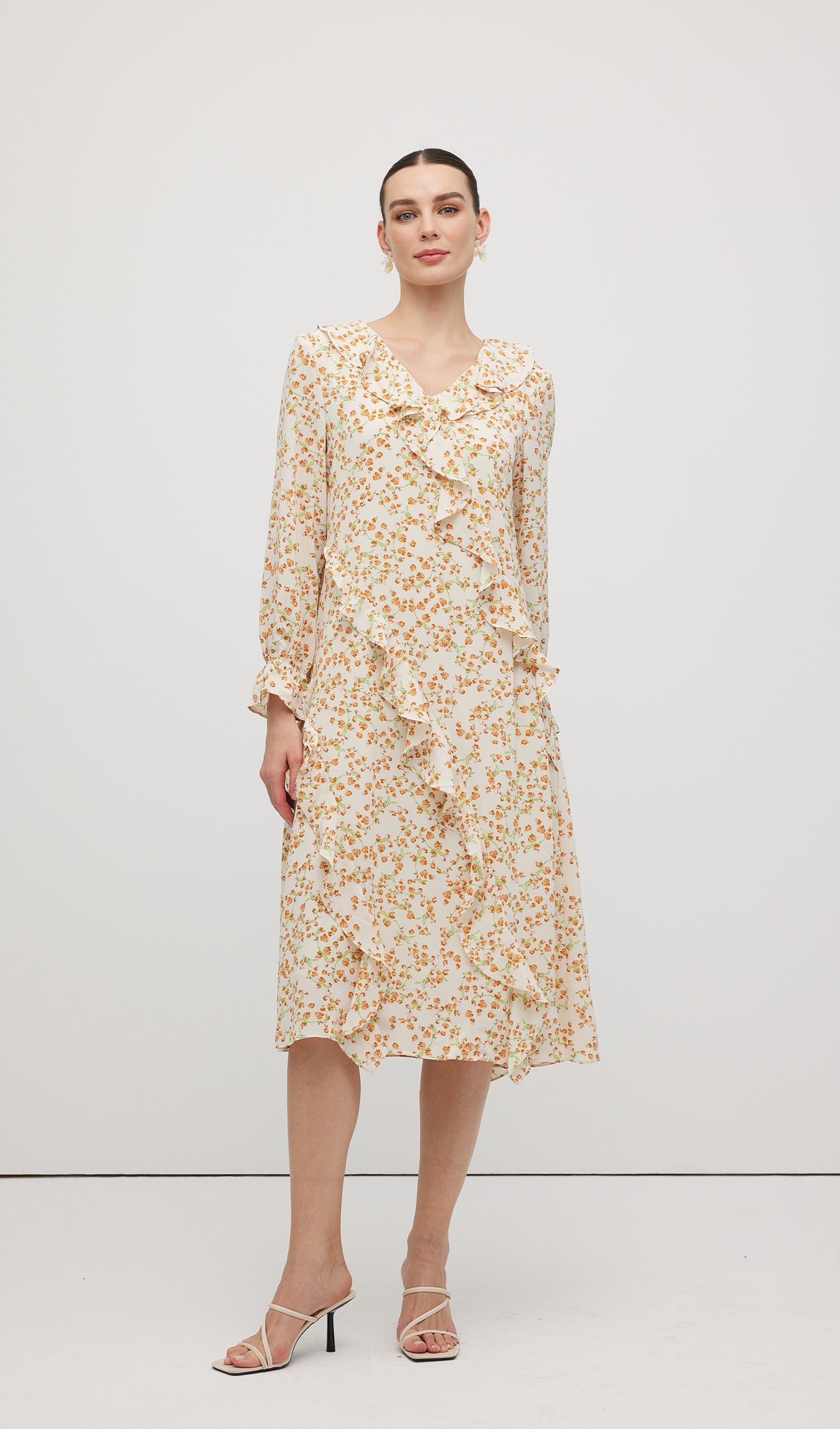 Floral V Neck Ruffled Midi Dress