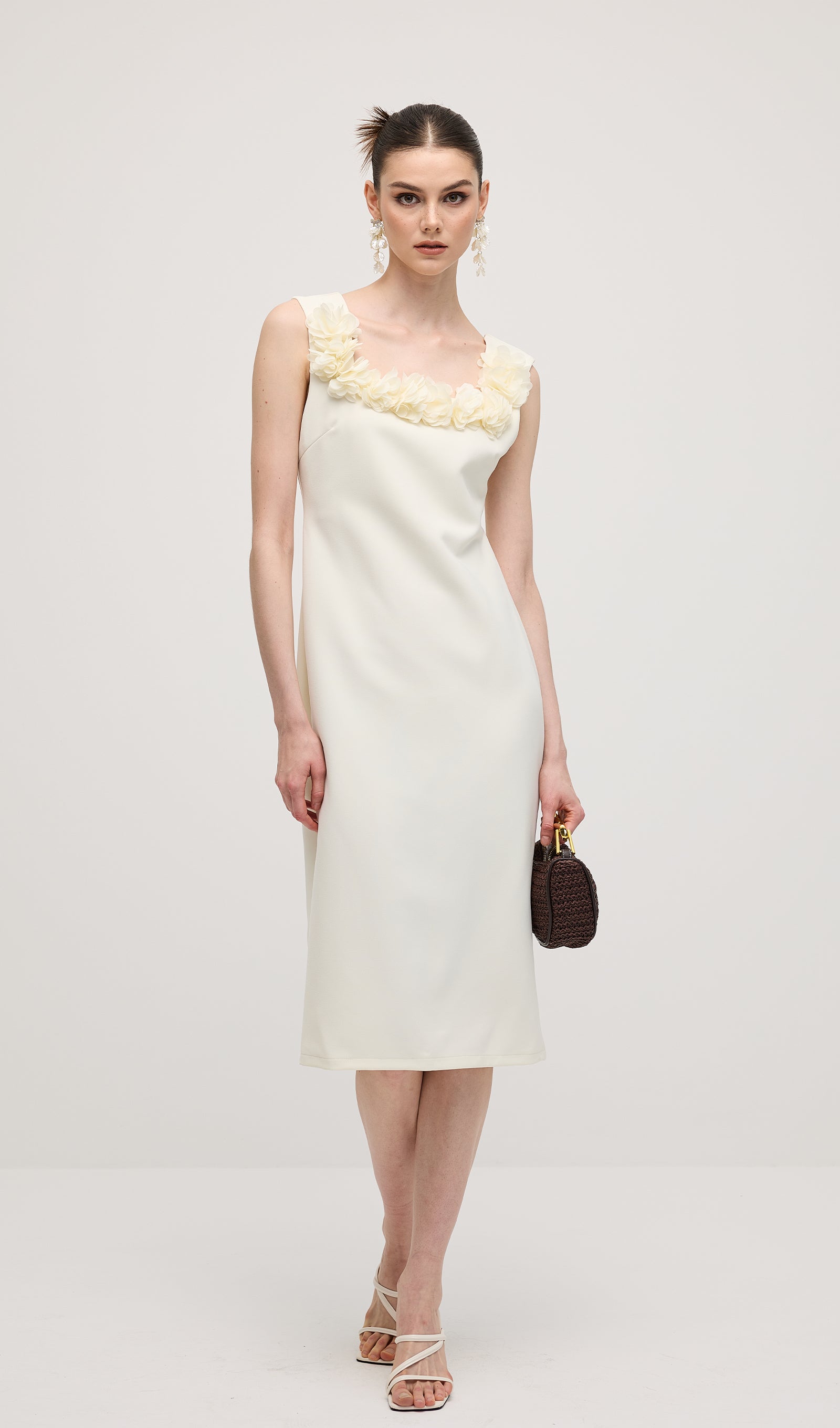 Square Neck 3D Petal Appliques Midi Dress