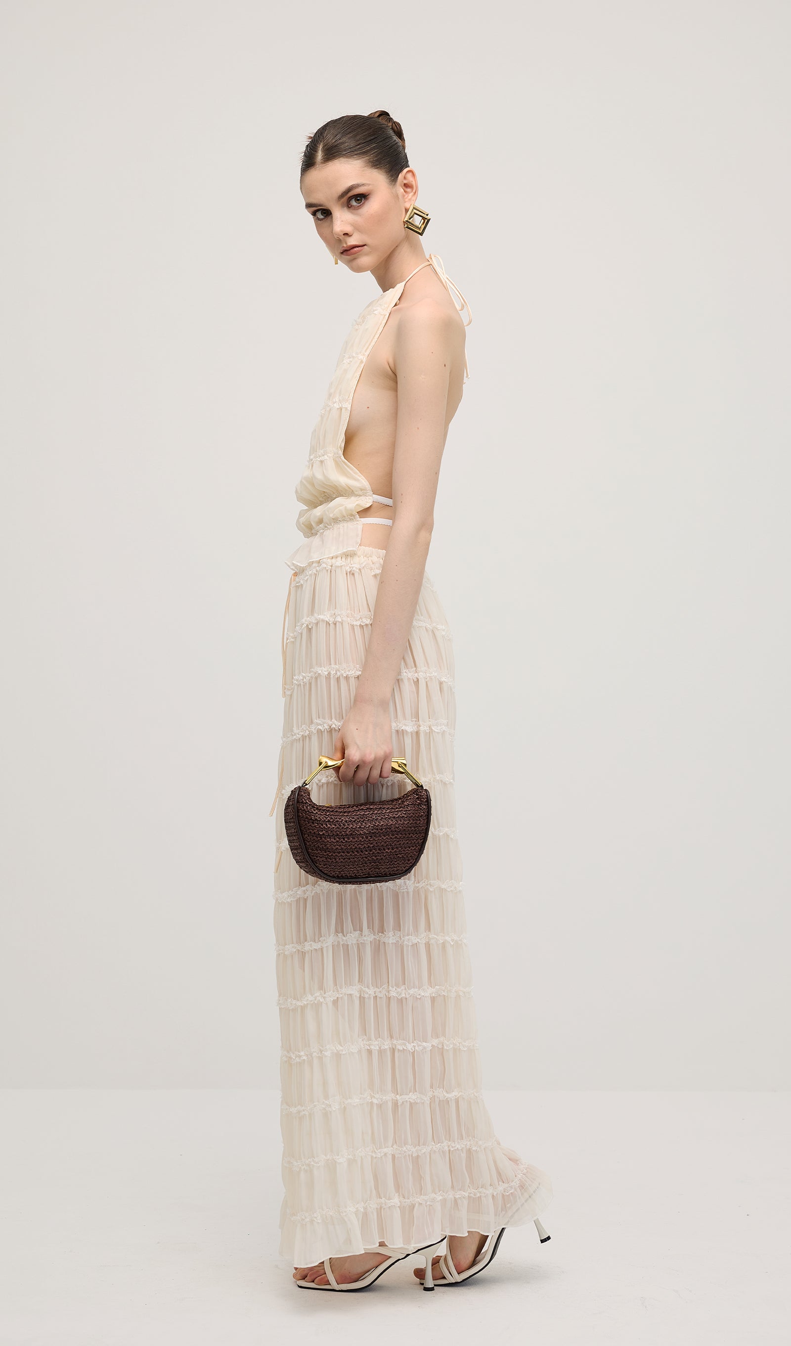 Halter Top & Ruched Detail Maxi Skirt Sets In White