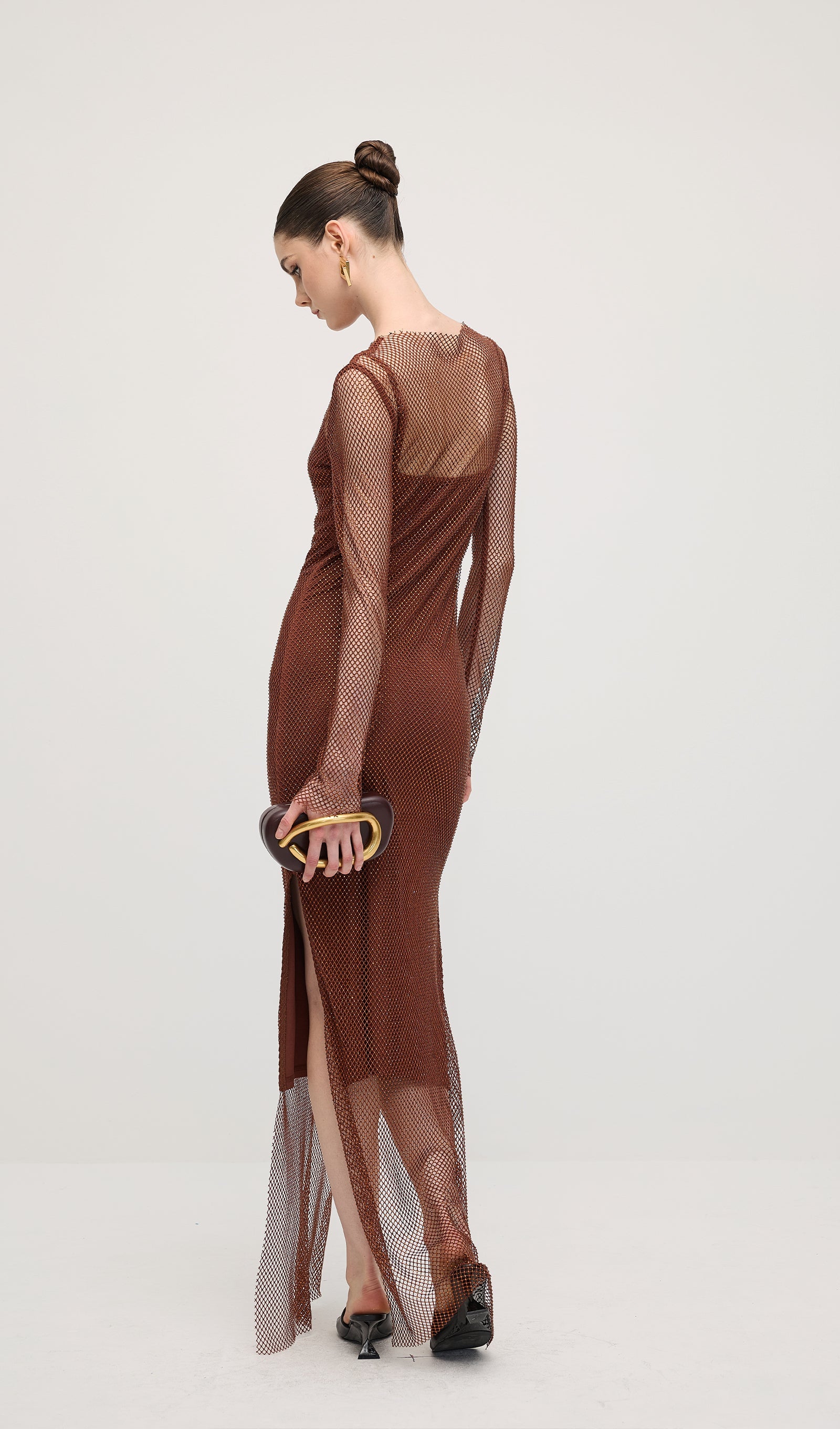 Mesh With Monochrome Lining  Maxi Dress In Coffee
