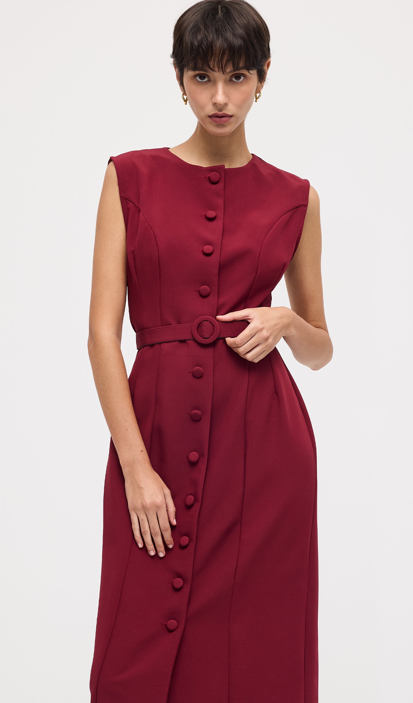 Sleeveless Shift Midi Dress With Belt