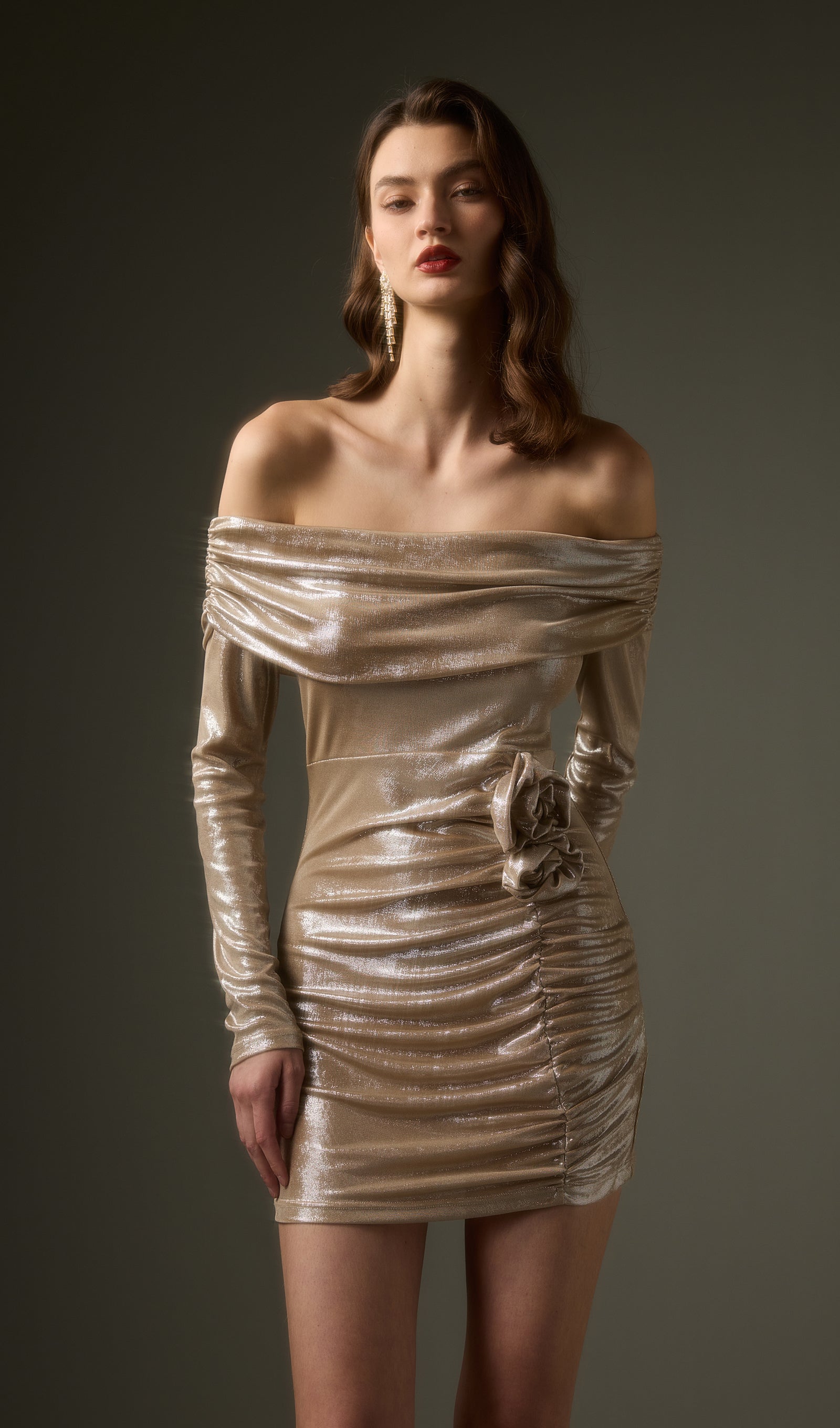 Solid Off Shoulder Long Sleeve Mini Dress