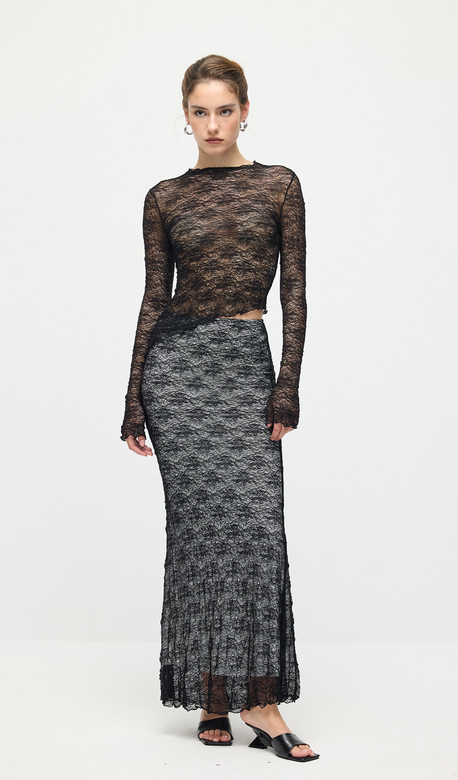 Sheer Lace Top & Maxi Skirt Sets In Black