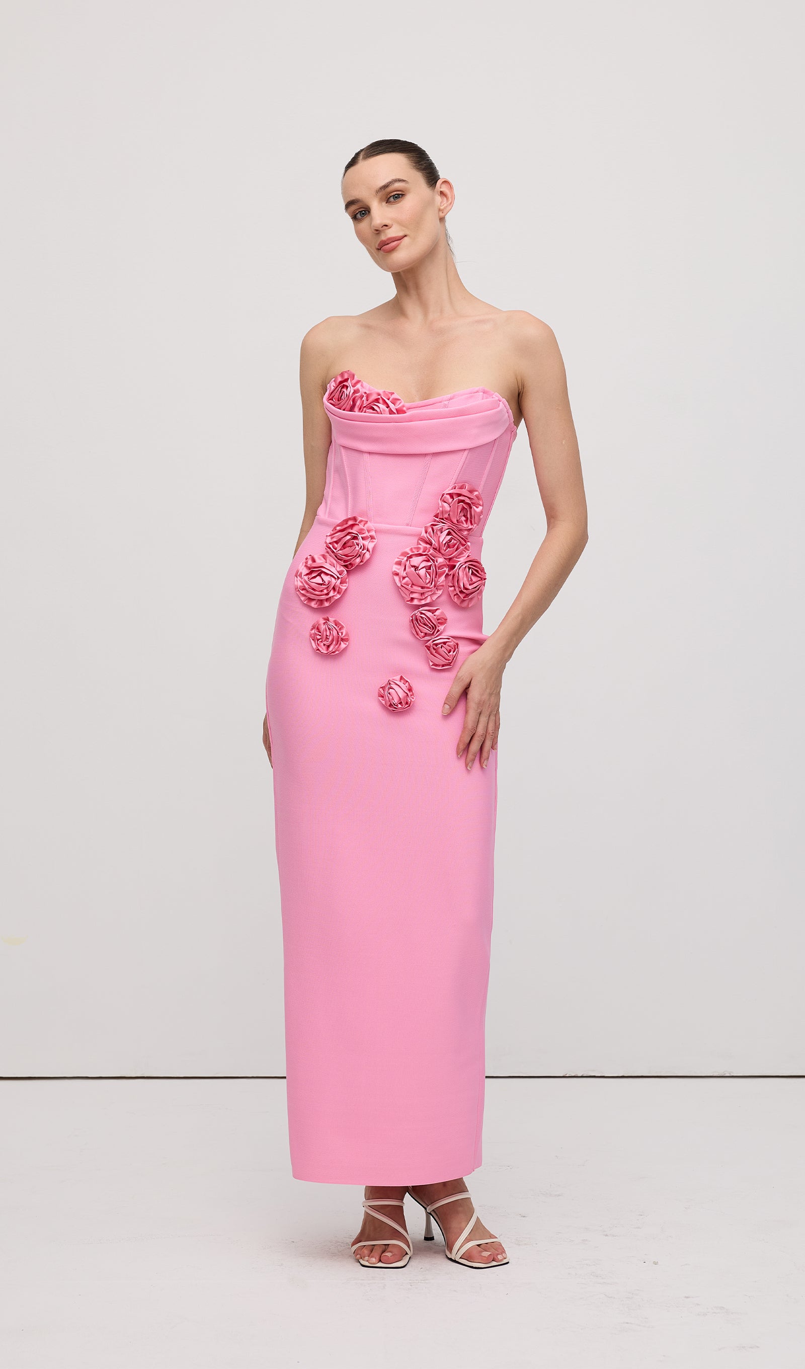Strapless Flower Embellishments Maxi Dress Pink