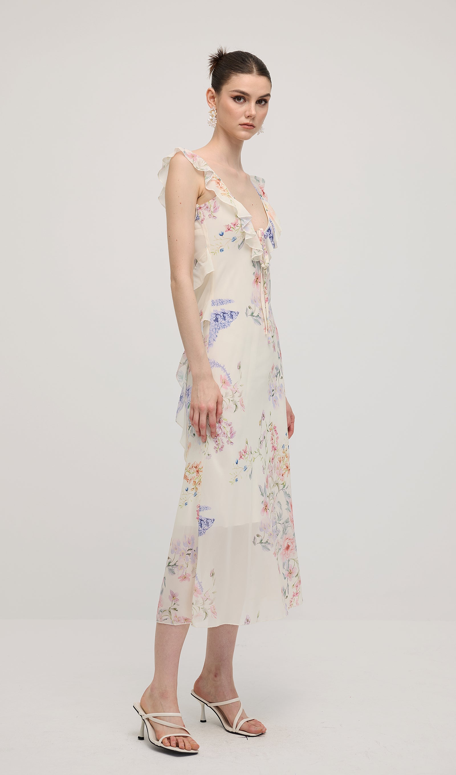 Floral V Neck Ruffled Midi Dress