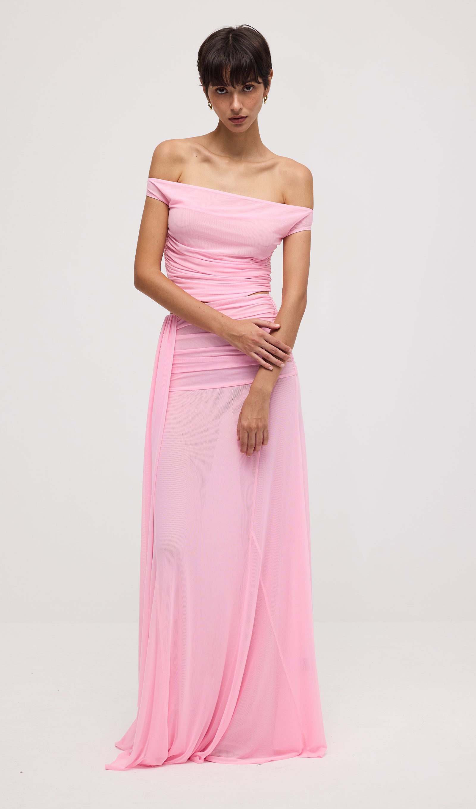 Mesh Top & Maxi Skirt In Pink