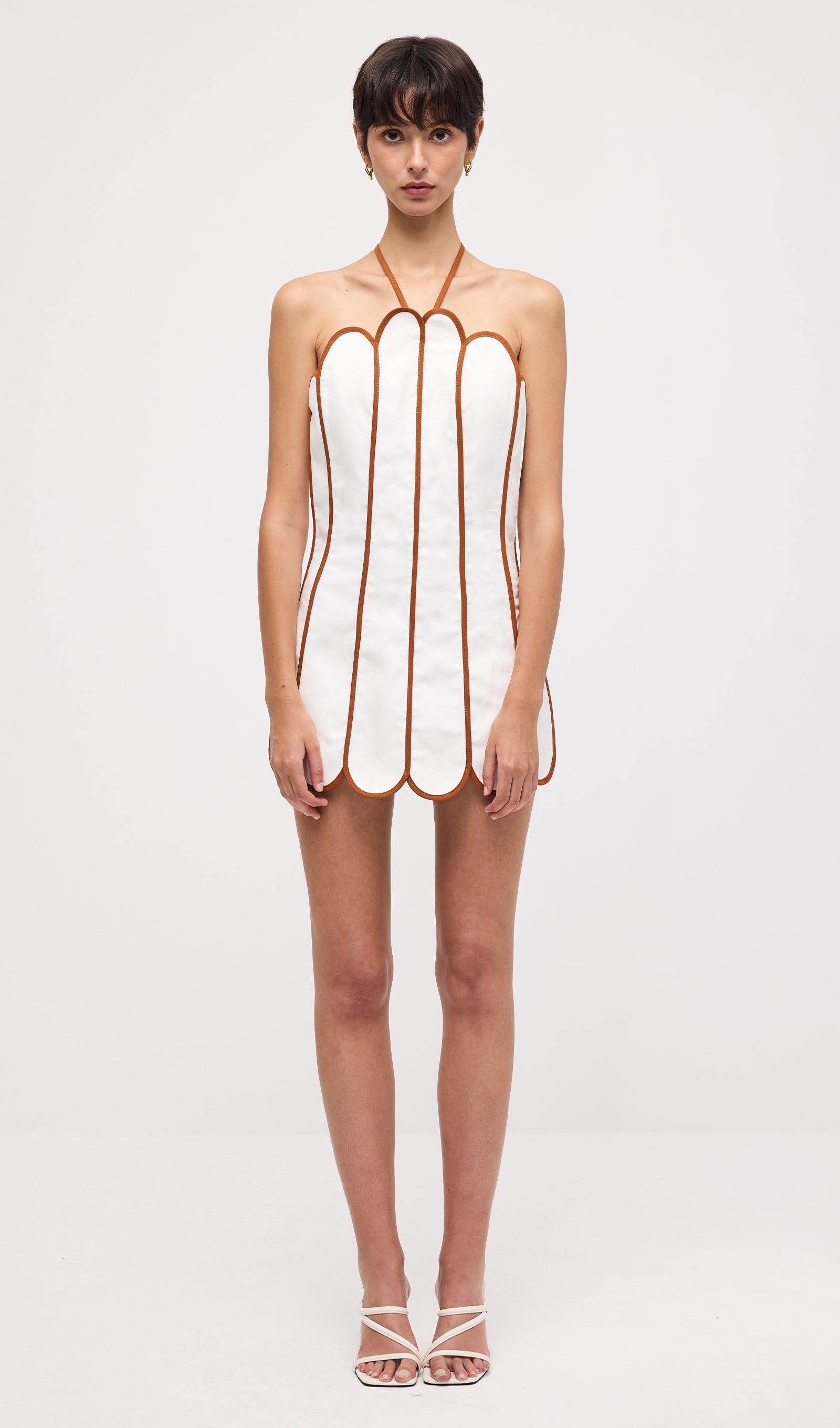 Scalloped Panelled Linen Halter Mini Dress