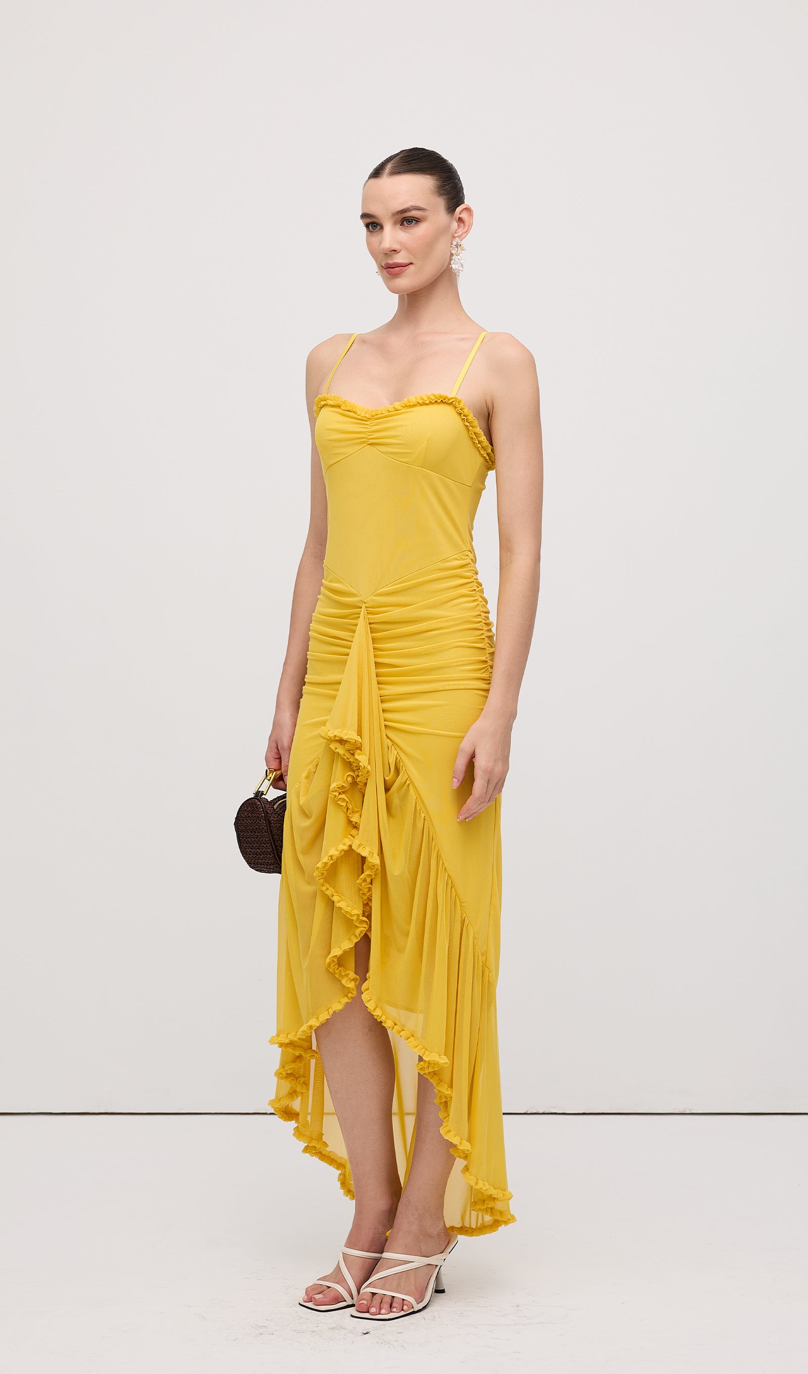 Mesh Ruffled Front Gown Maxi Dress Yellow