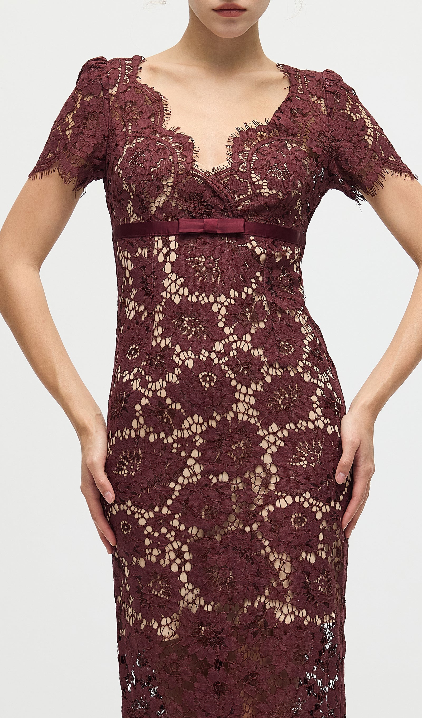 Burgundy Floral Lace Midi Dress