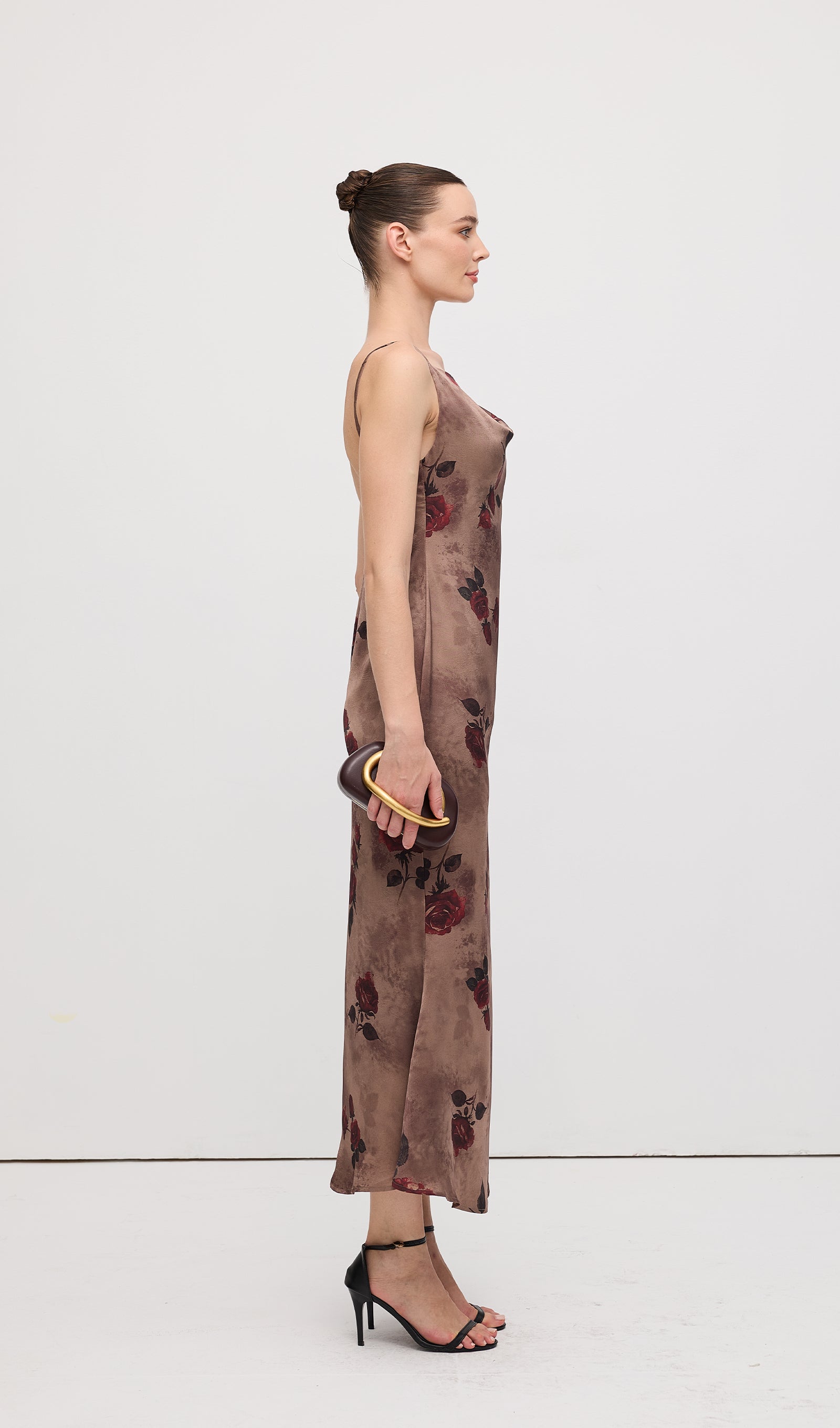 Cowl Neck Rose Print Sleeveless Midi Dress