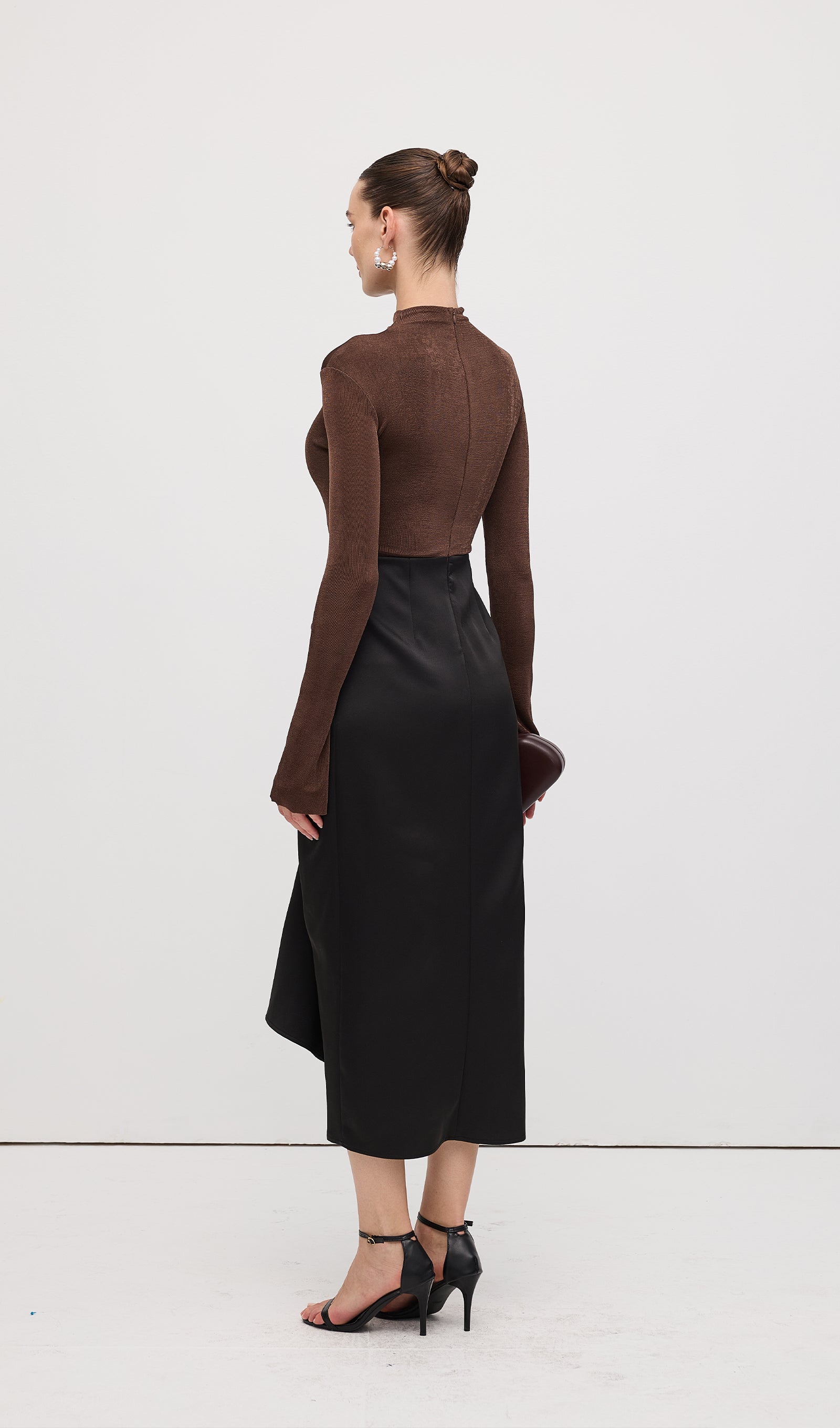 Asymmetrical Pleat Maxi Dress Brown