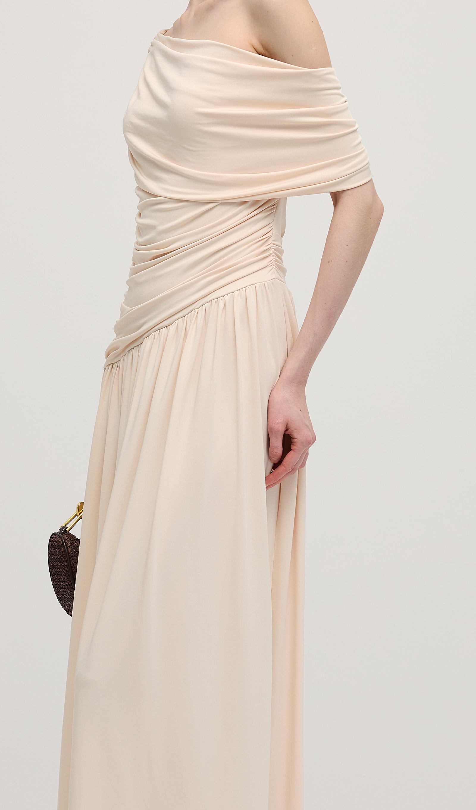 Off Shoulder Pleated Maxi Dress In Dune