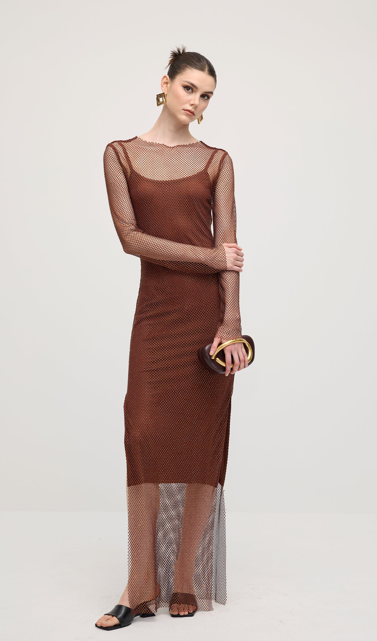 Mesh With Monochrome Lining  Maxi Dress In Coffee