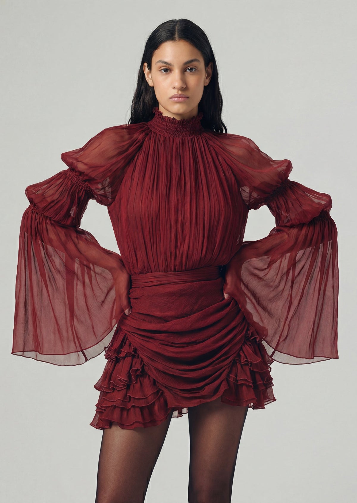 Pleated Silk-Chiffon Slit Mini Dress