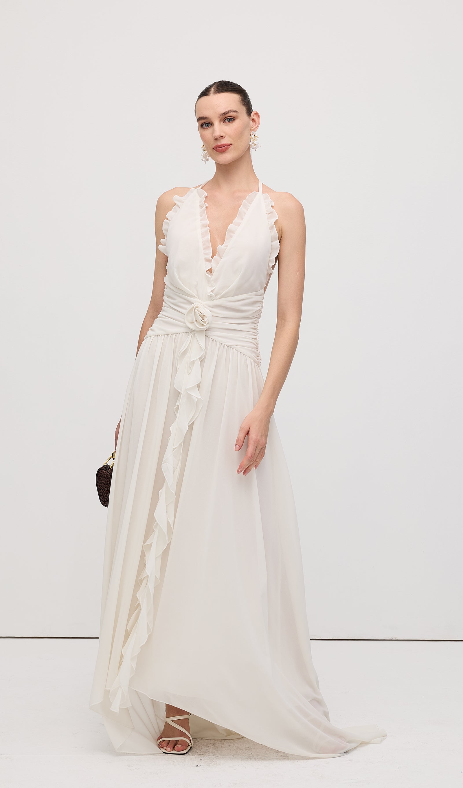 Halter Ruffles Rose Decoration Maxi Dress White