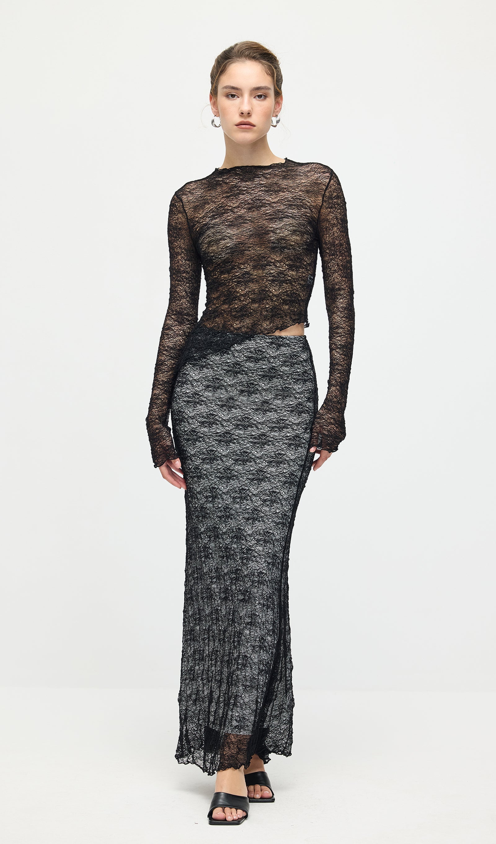Sheer Lace Top & Maxi Skirt Sets In Black