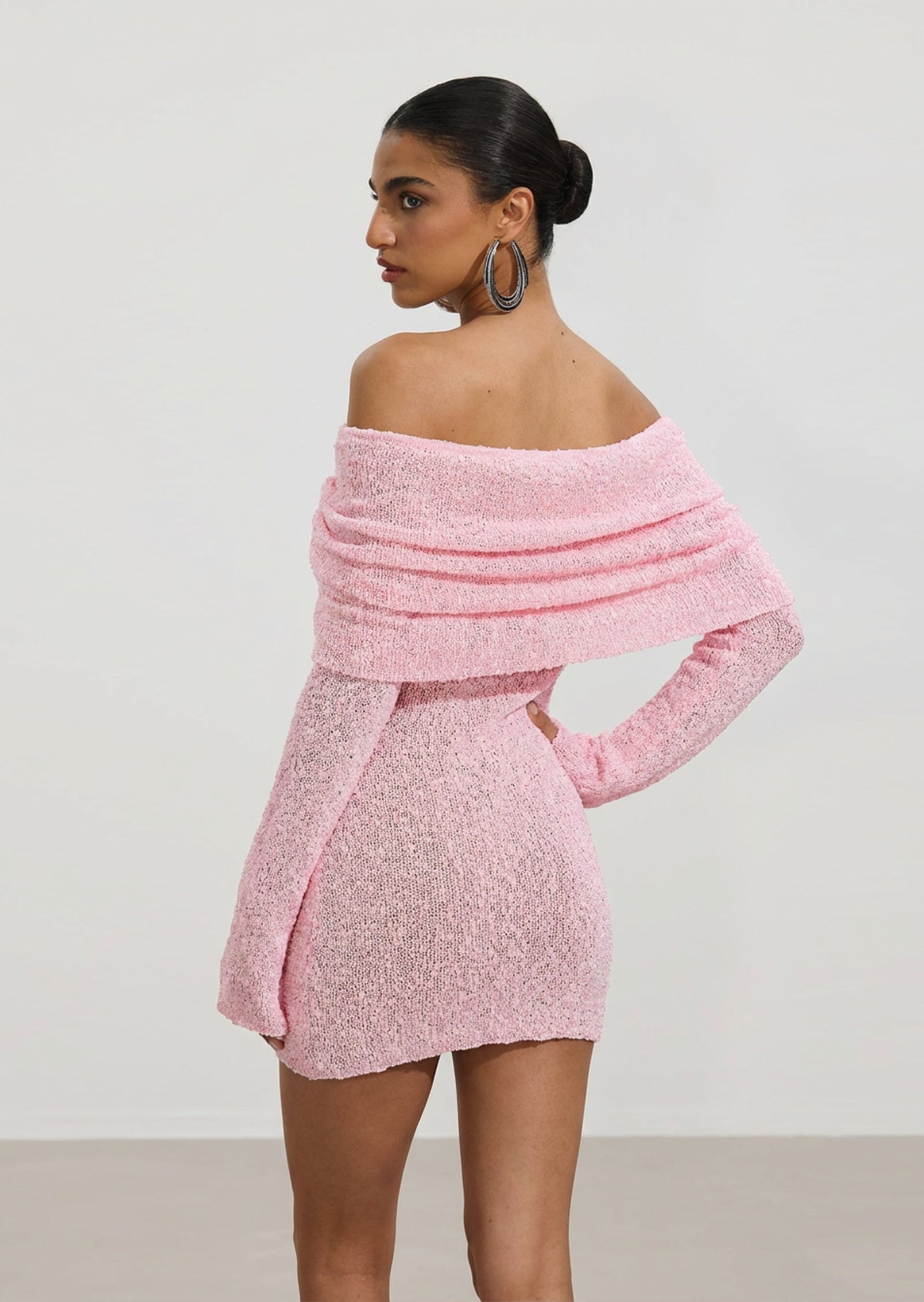 Off Shoulder Boucle Knit Mini Dress In Pink