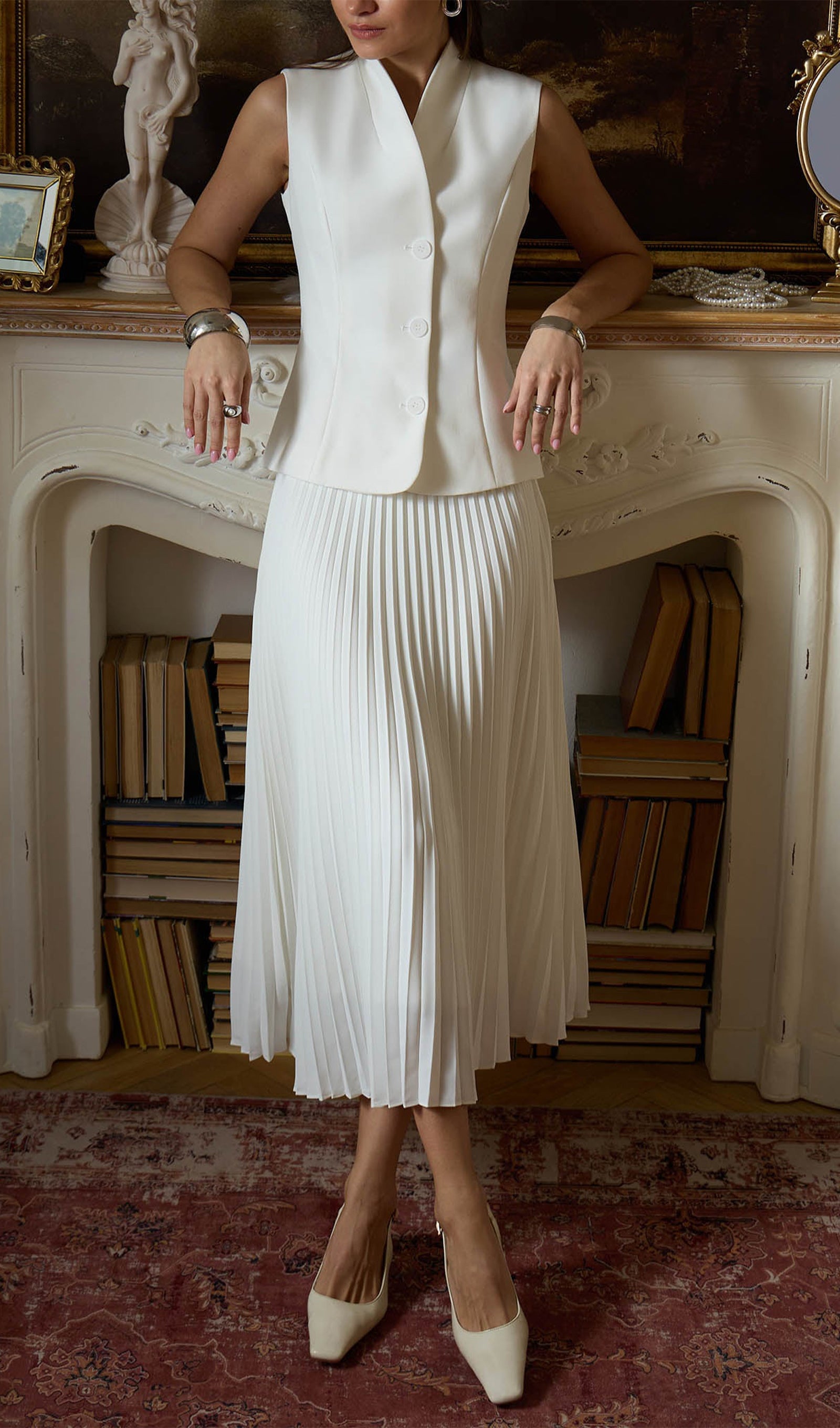 Flared Waistcoat & Pleated Midi Skirt Sets